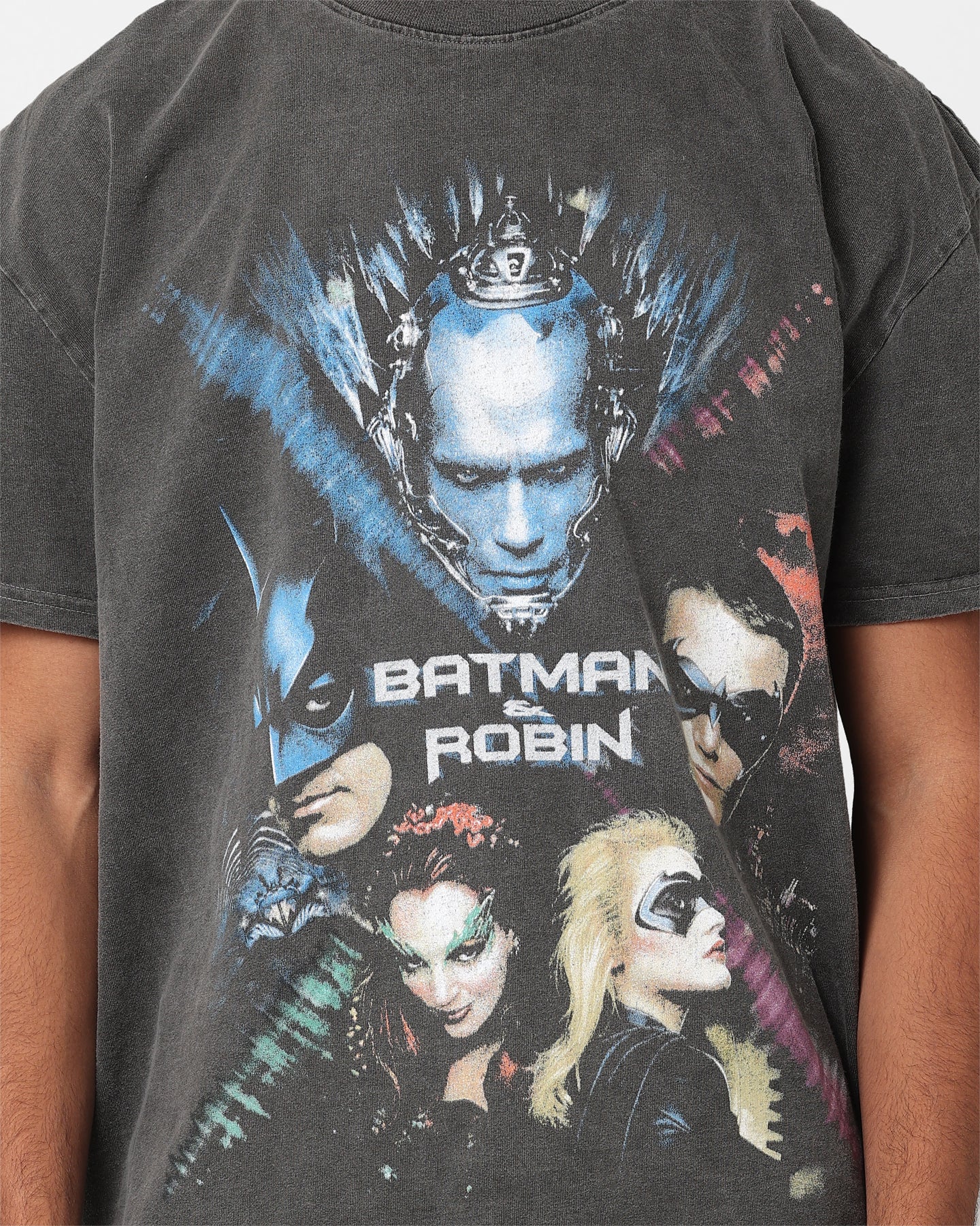Vintage 1997 Batman & Robin Heavyweight T-Shirt - DC Comics Graphic Tee - Black Wash Distressed Style - Perfect for Cosplay, Comic Con & 90s Retro Fashion