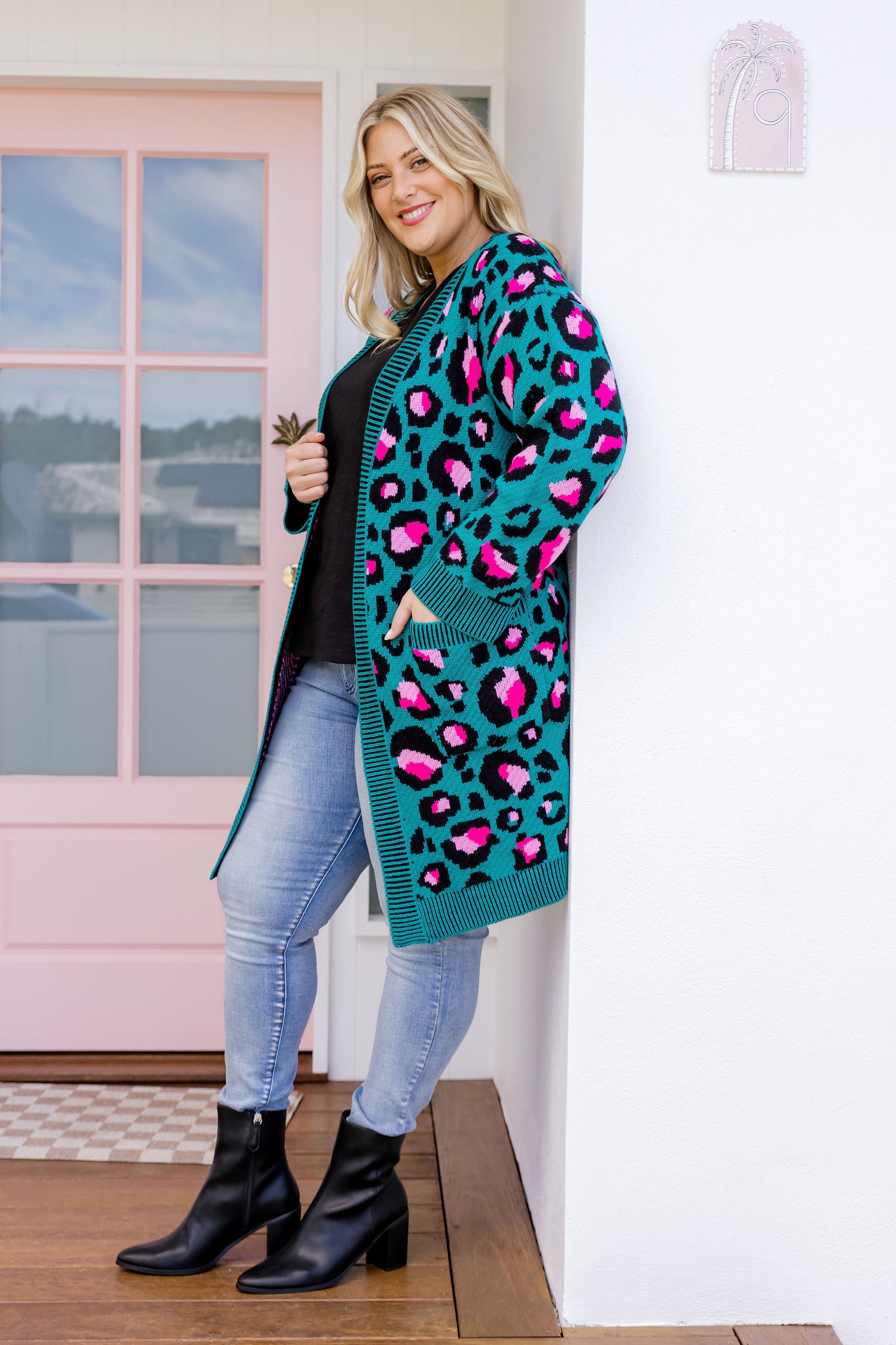 Kasey Rainbow Darcy Cardi - Stylish Green Leopard Print Women's Cardigan for Casual Wear & Office Outfits