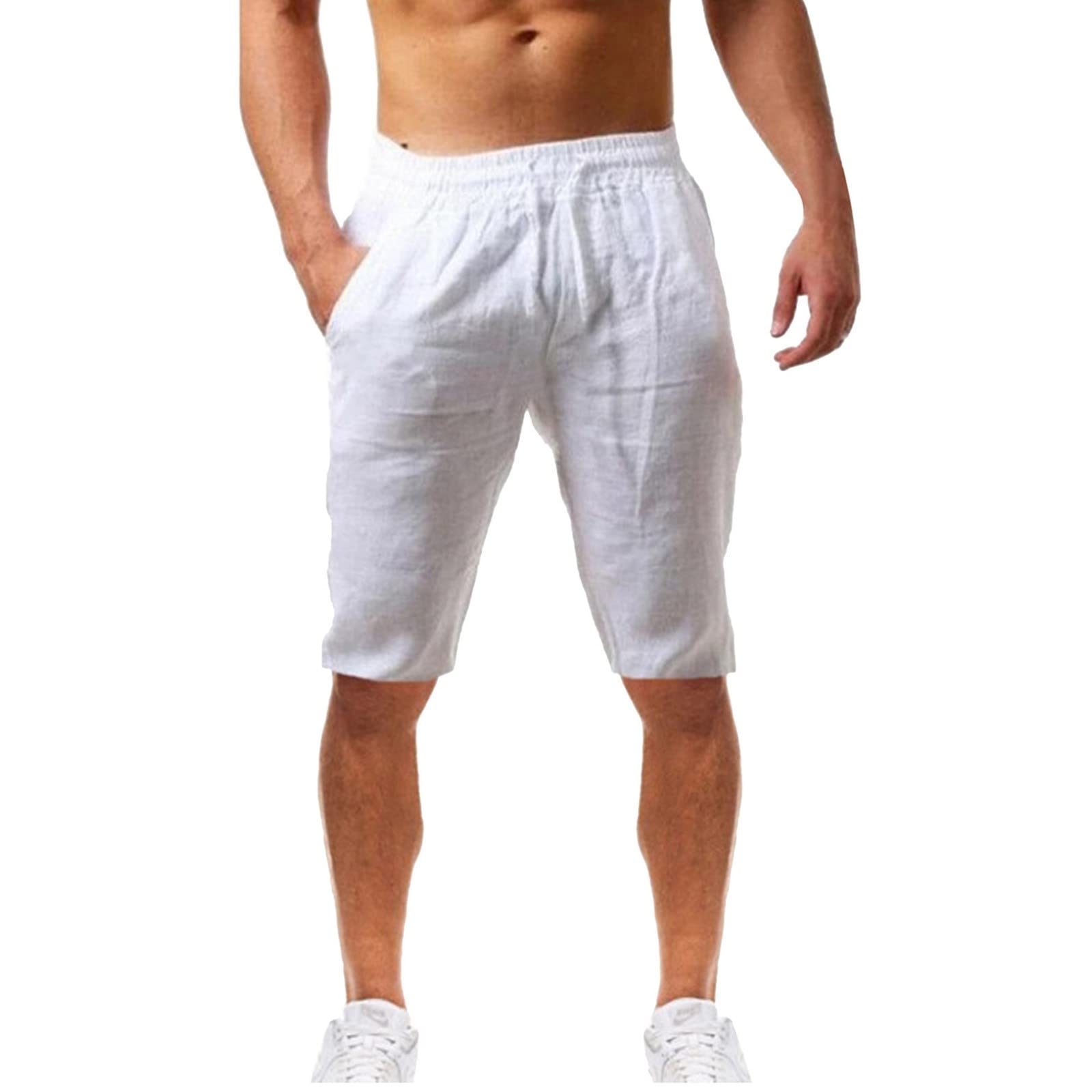 **Men's Casual Summer Shorts with Pockets - Cotton & Linen Blend, Solid Color for Outdoor, Beach, and Lounge Wear**