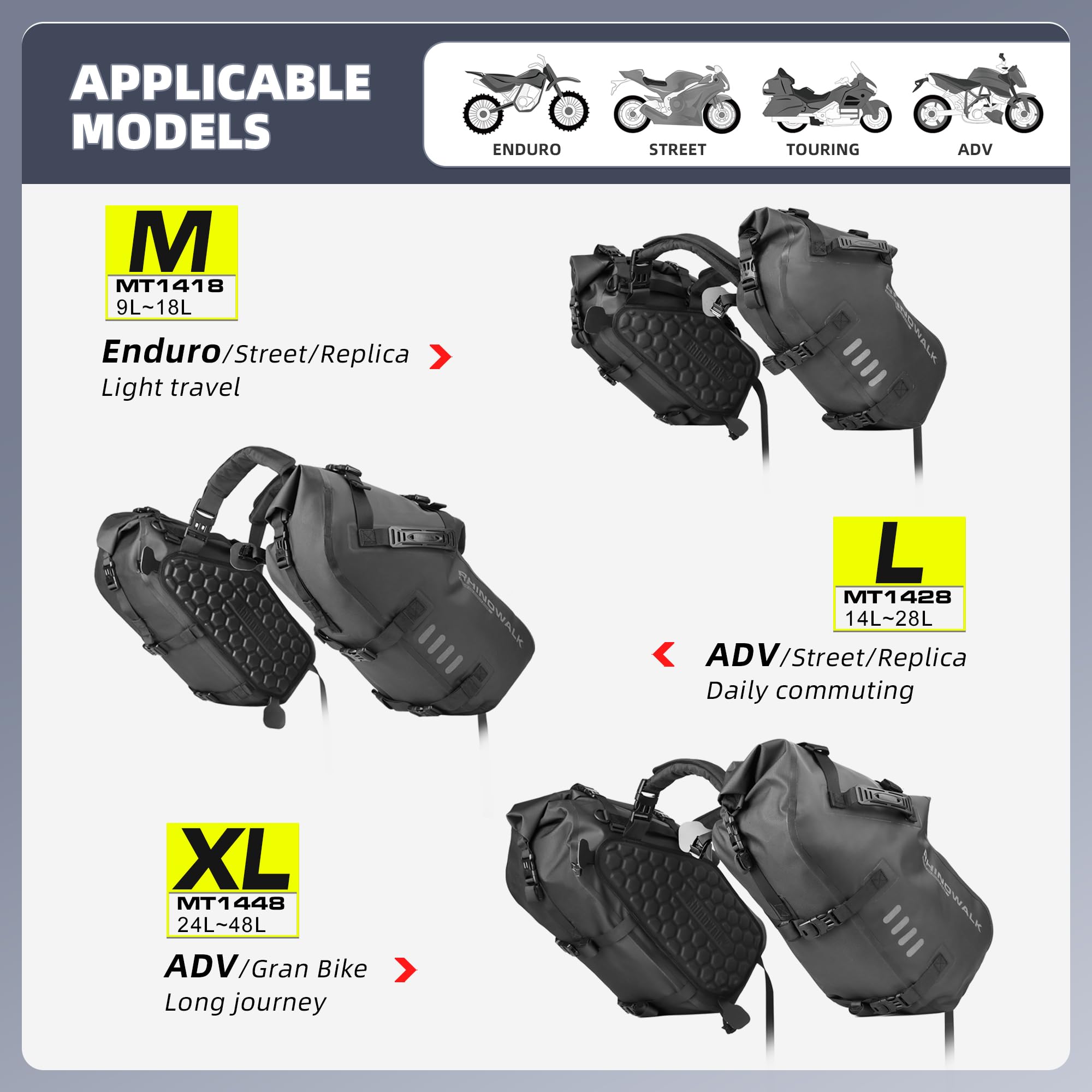 **HUNTVP 48L Waterproof Motorcycle Saddlebags & Tail Bag (2x24L) - Universal Black XL Storage Side Bags for Motorbike - Ideal for Touring, Commuting & Adventure Riding**