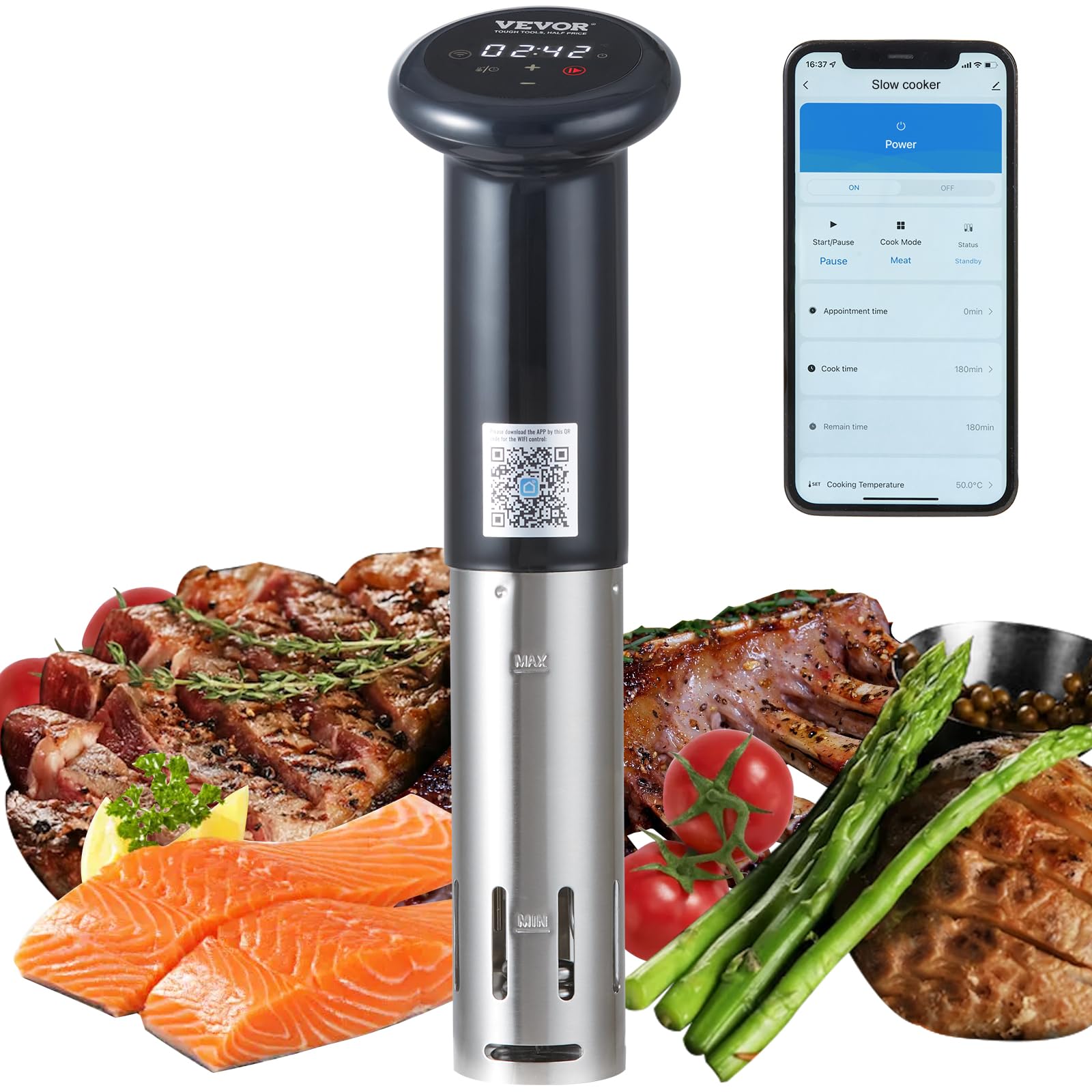 VEVOR Sous Vide Machine 1200W - Bluetooth & Wi-Fi App Control, IPX7 Waterproof Immersion Circulator with Digital Display (86-203℉) - Perfect for Steak, Chicken, Eggs & Meal Prep