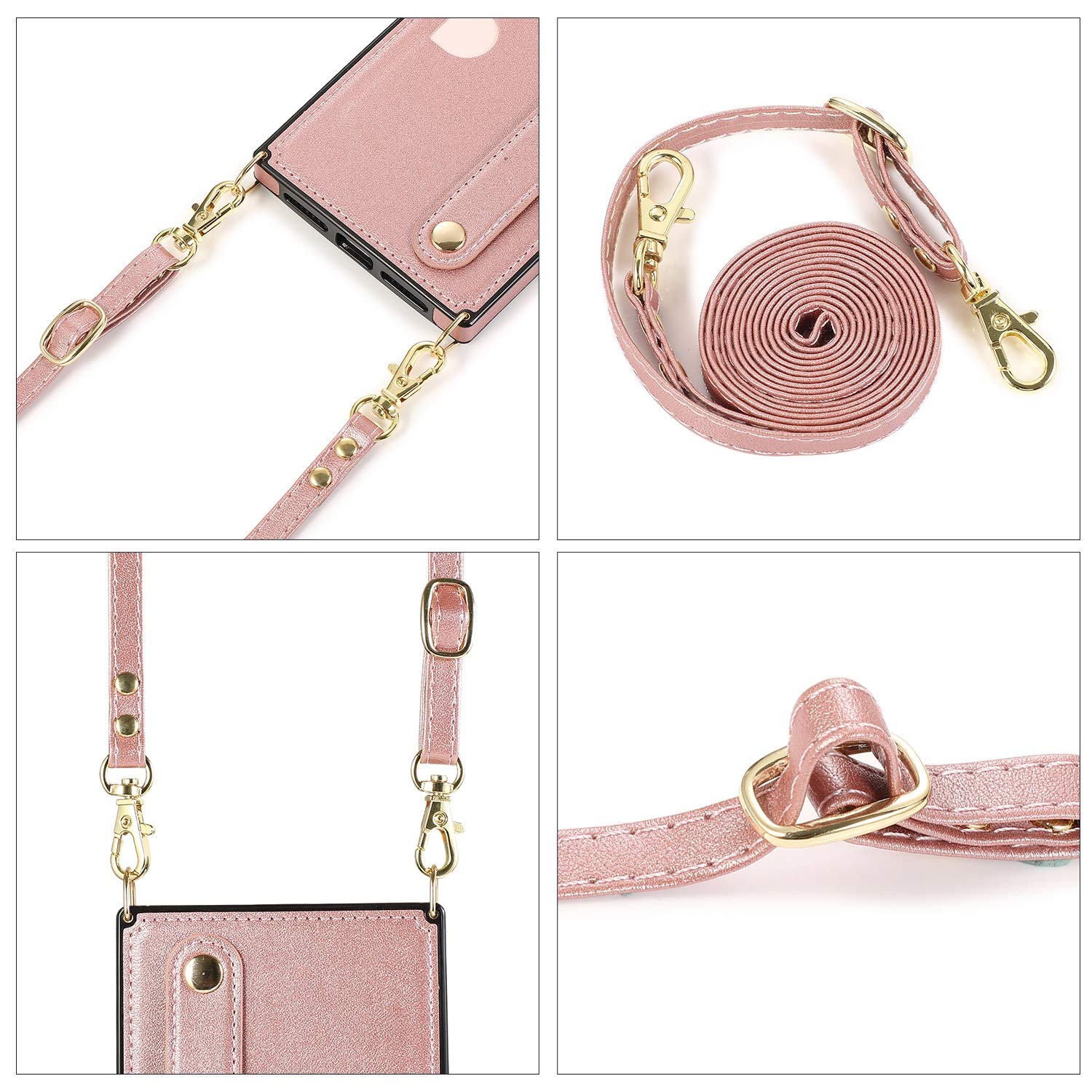 Slim Leather Wallet Case for iPhone 6/7/8 with Card Holder, Hand Strap & Adjustable Shoulder Strap - Rose Gold | Crossbody Phone Cover with Kickstand for Daily Use, Shopping & Travel