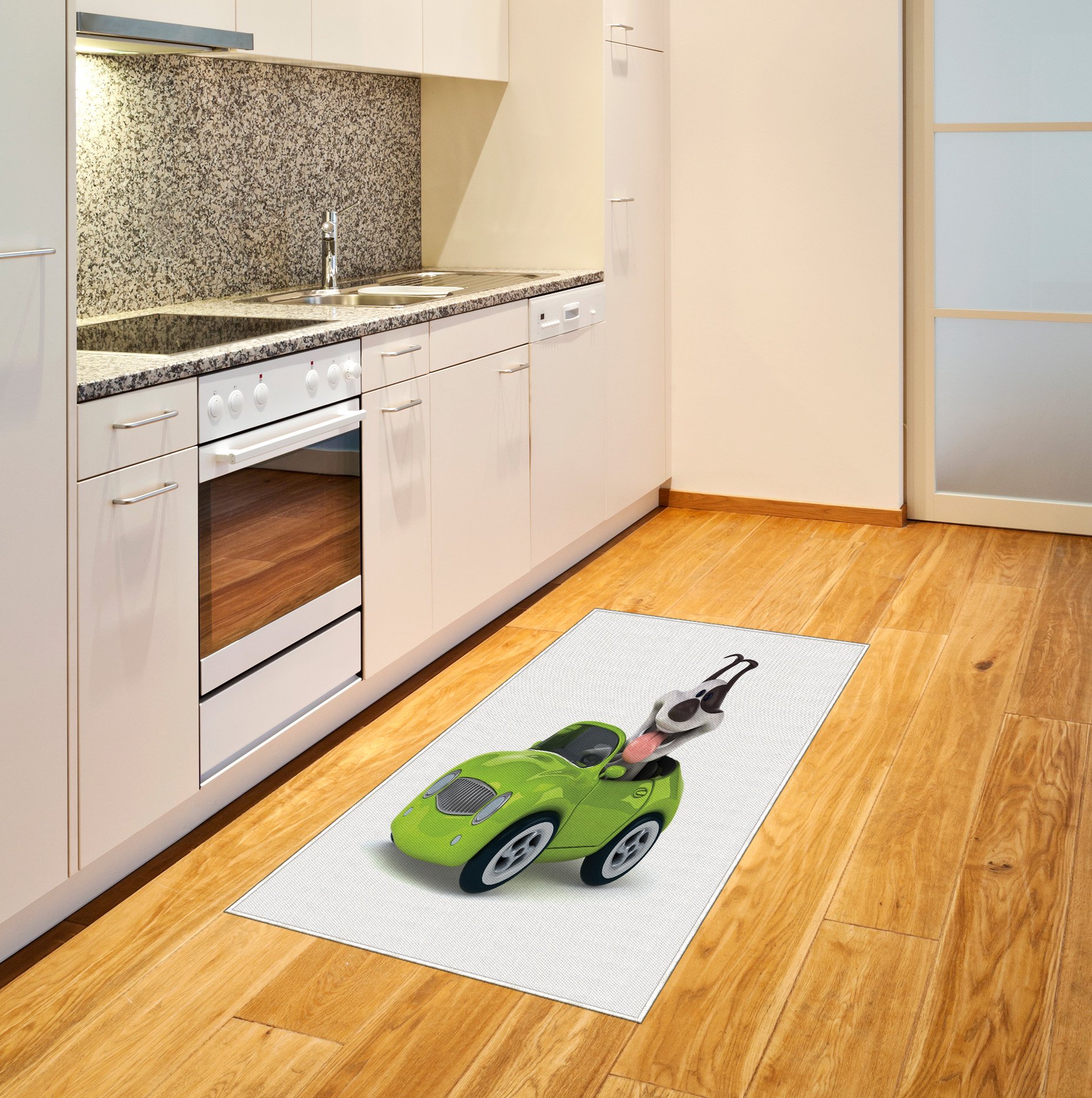 Ambesonne Dog Driver Area Rug - Fun Dog in Sports Car Speed Auto Traffic Design, Non-Slip Flat Woven Accent Rug for Living Room, Bedroom, Dining Room - 2'6
