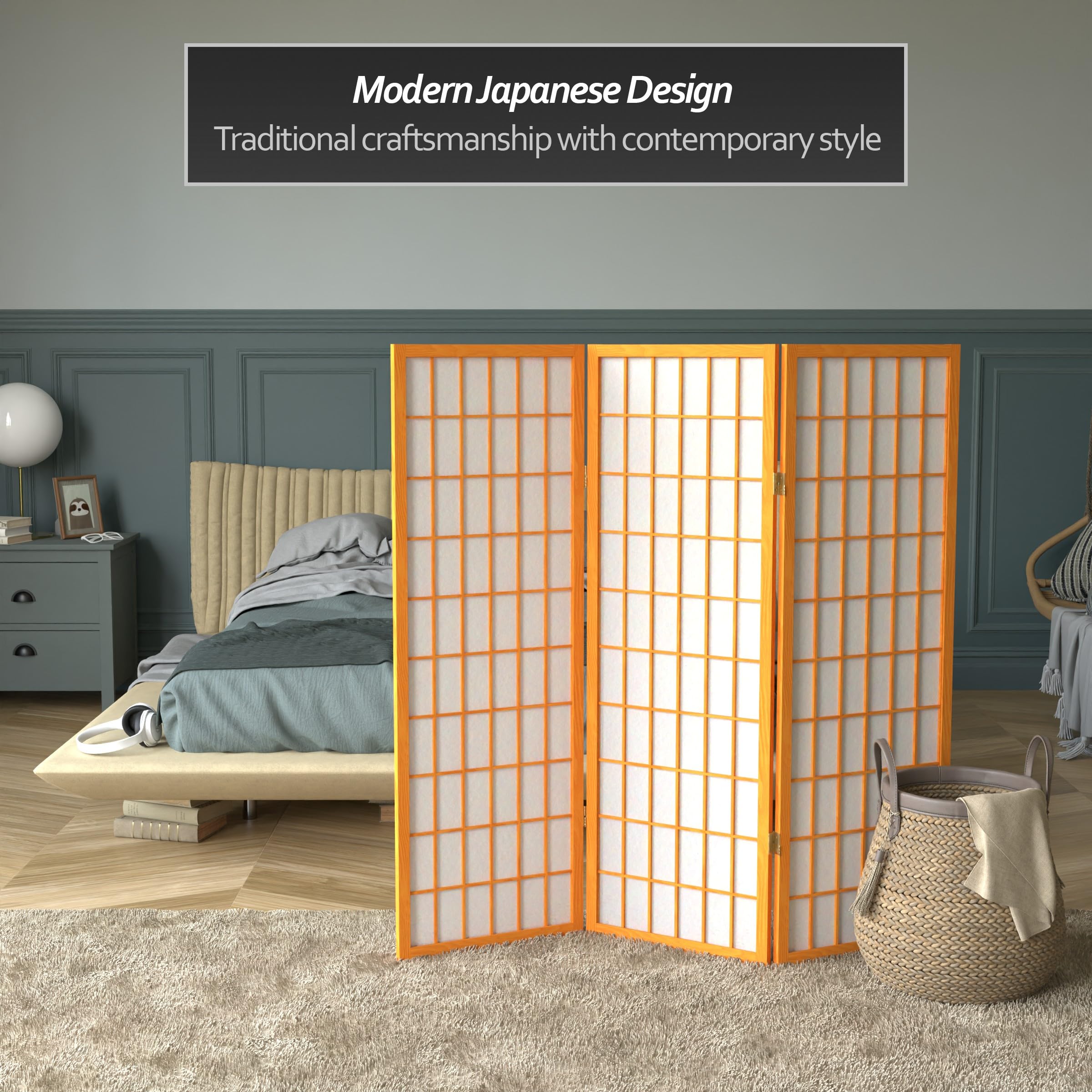 4 ft. Short Window Pane Shoji Screen - Honey Finish - 3 Panel Room Divider for Home Office, Bedroom, or Living Room Privacy