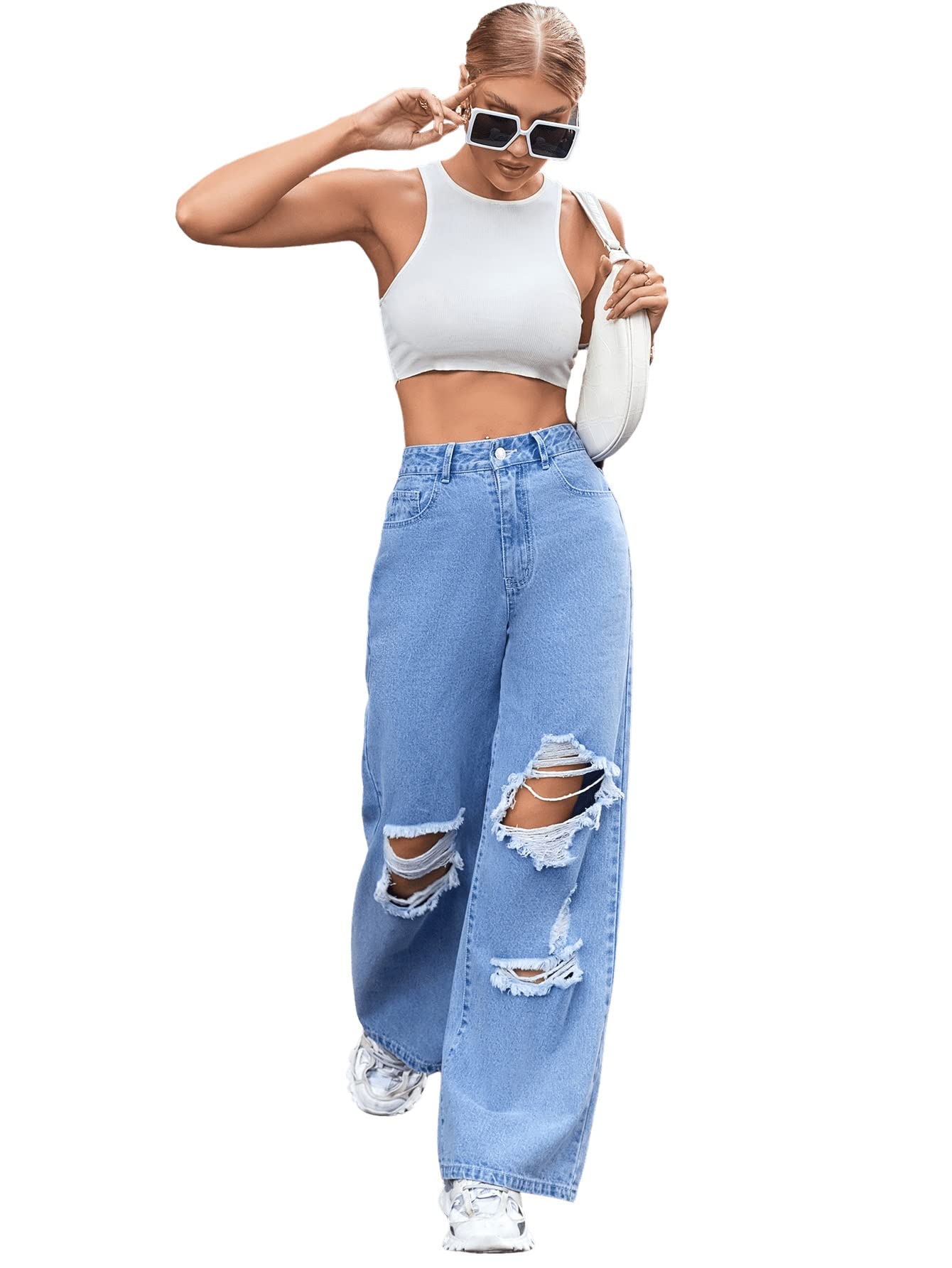 SweatyRocks Women's High Waisted Distressed Ripped Jeans - Wide Leg Denim Pants for Casual Wear | Perfect for Street Style, Shopping & Everyday Outfits