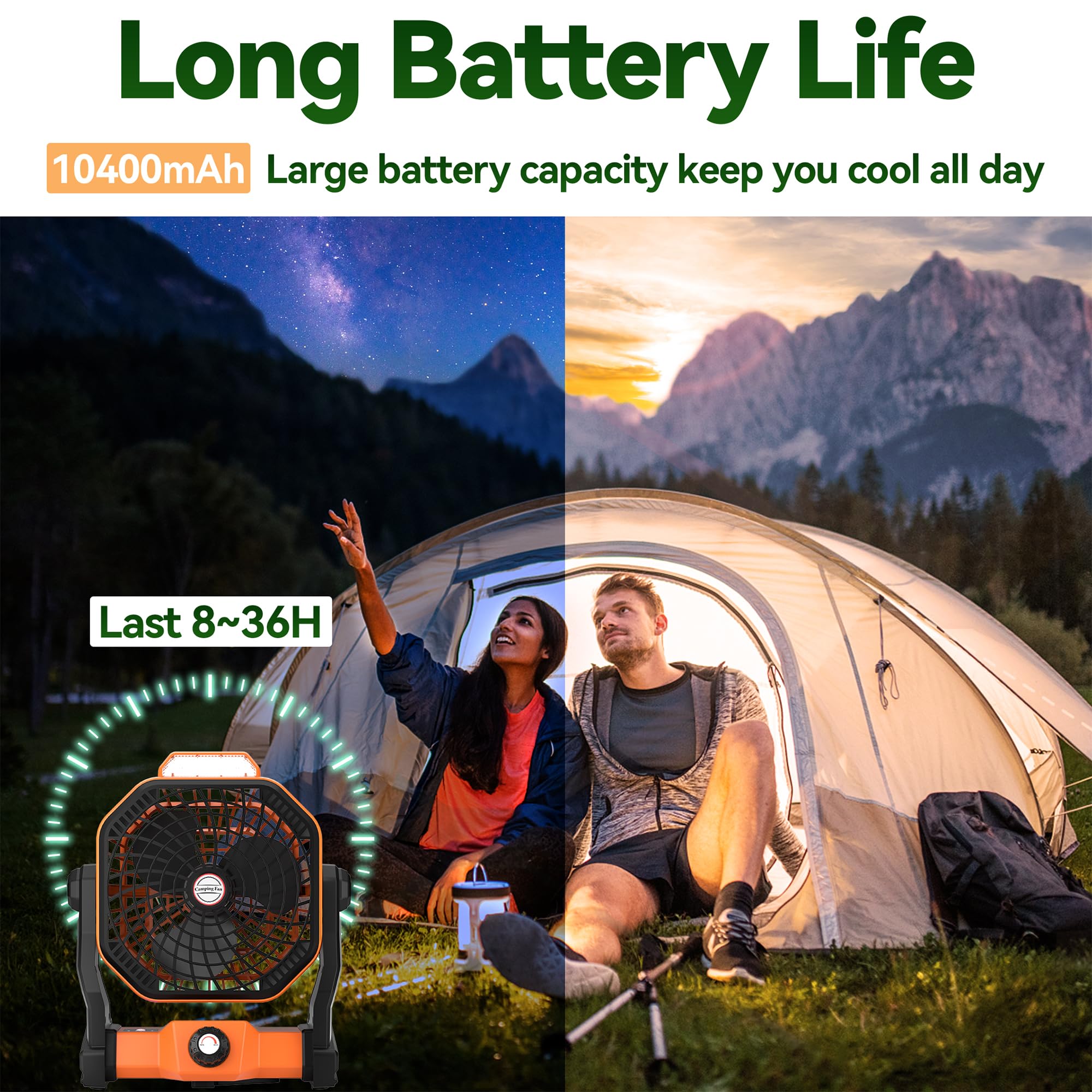 Rechargeable Camping Fan with LED Lantern - 10400mAh Battery Powered Portable Tent Fan for Outdoor Travel, Home, Office & Desk Use - Essential Personal Cooling Fan for Camping, Hiking & Emergency Situations