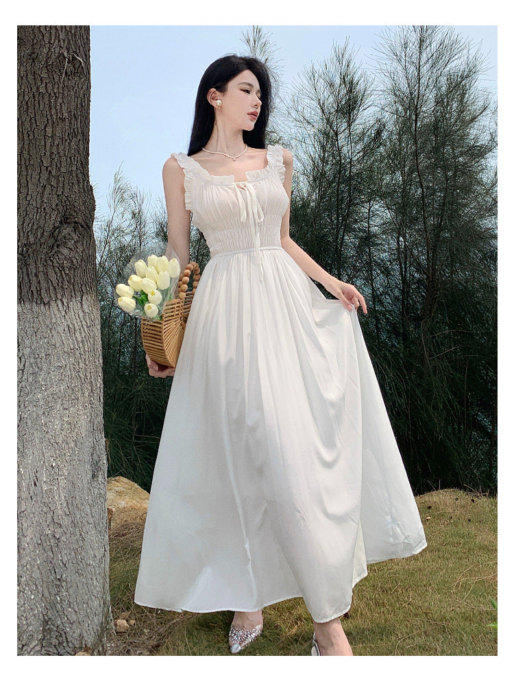 Elegant French Square Neck Fairy Dress - Summer Pleated Long Skirt for Women | Boho Chic Flowy Maxi Dress | Perfect for Weddings, Beach Vacations & Romantic Dates