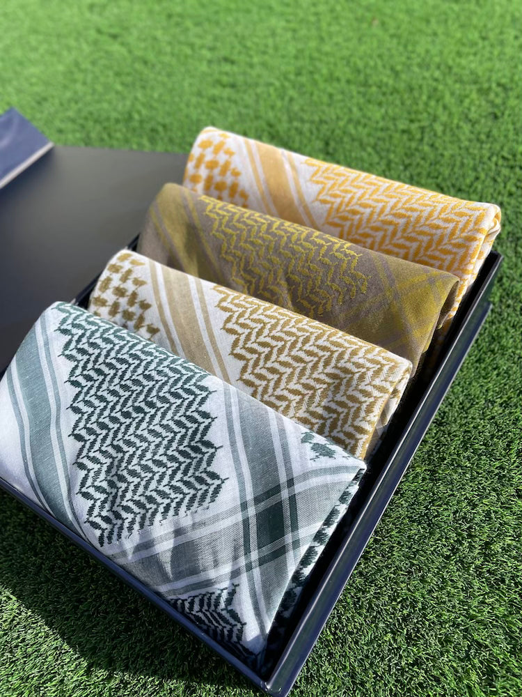 Golden Meadow Collection 4-Piece Keffiyeh Scarf Set - Limited Edition Arab Head Wrap for Men & Women - Perfect for Outdoor Adventures, Cultural Events and Fashion Statements