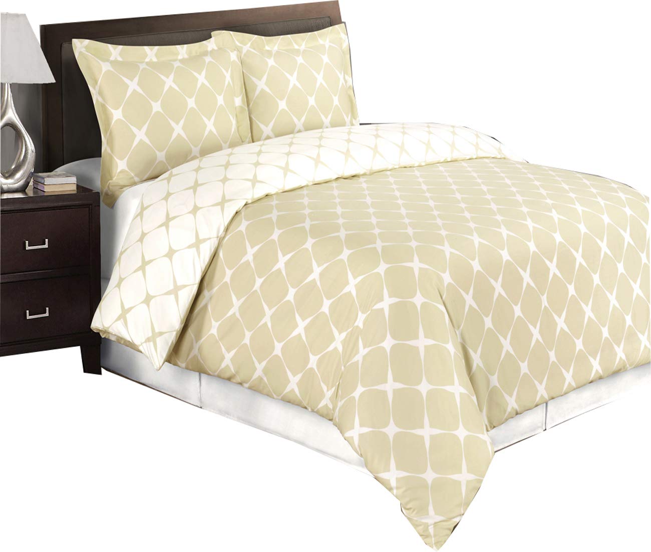 4PC Bloomingdale Beige and Ivory Full/Queen Comforter Set - 3PC Duvet Cover + 1PC White Down Alternative Comforter | Luxury Bedding for Master Bedroom, Guest Room & Dorm | Soft & Cozy All-Season Comfort