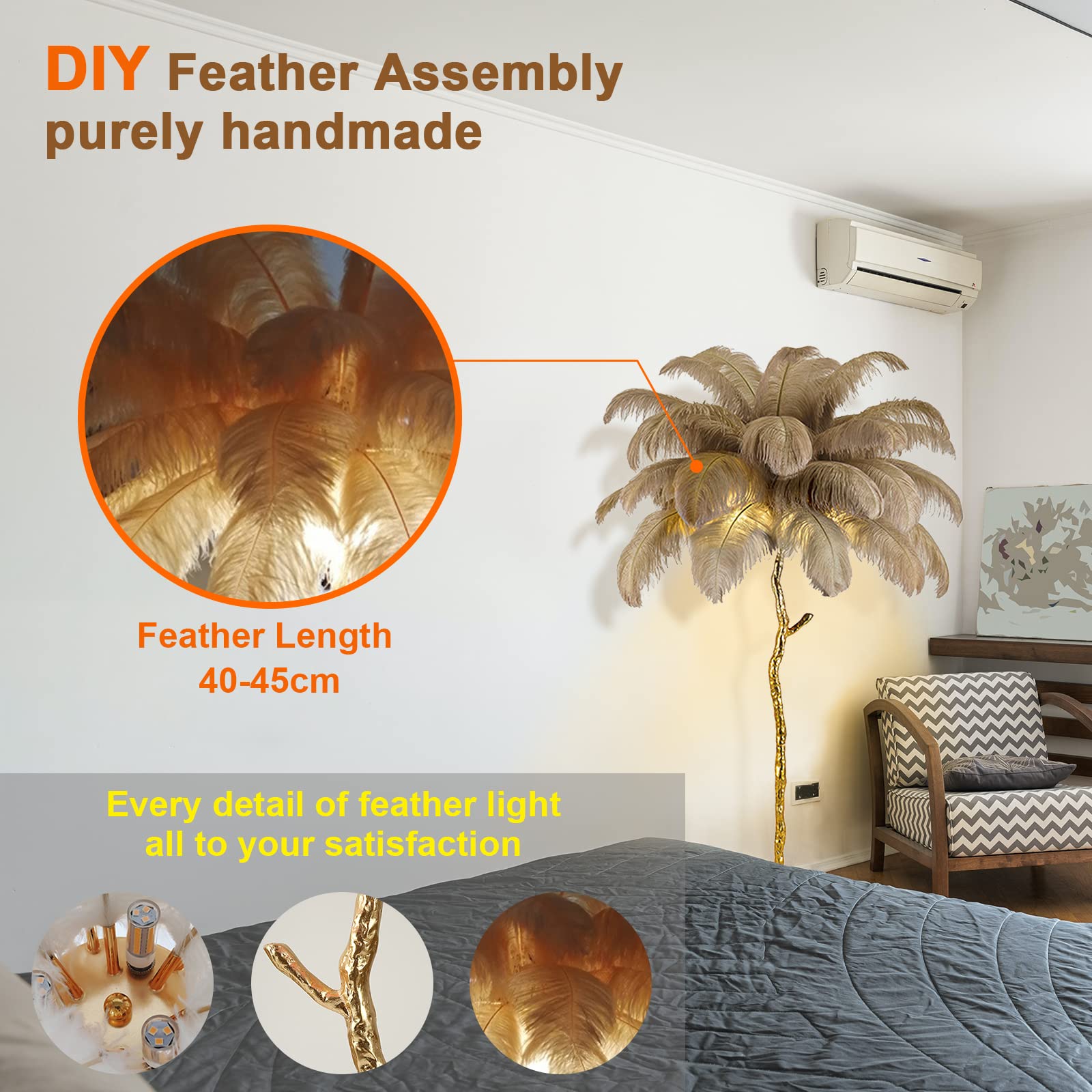 Natural Ostrich Feather Floor Lamp - Modern LED Dimmable Standing Light for Bedroom, Living Room & Office | 47-inch Tall Corner Lamp with Romantic Ambience | Perfect for Reading, Dining & Home Decor (Brown)