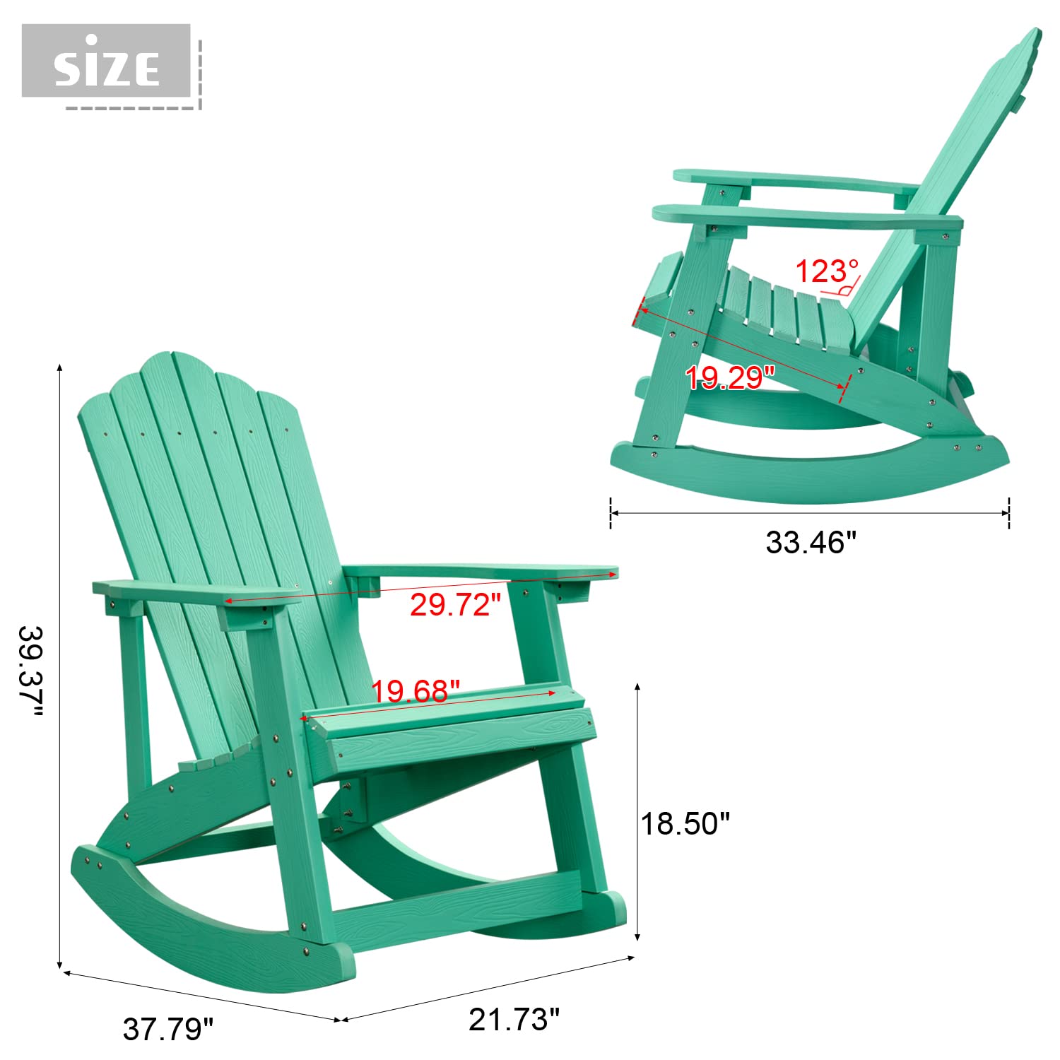 Classic Weather-Resistant Adirondack Rocking Chair for Patio, Deck, Garden & Backyard - Durable Outdoor Furniture with Real Wood Look - Perfect for Relaxing on Porch, Poolside or Lawn (Green, 1 Chair)