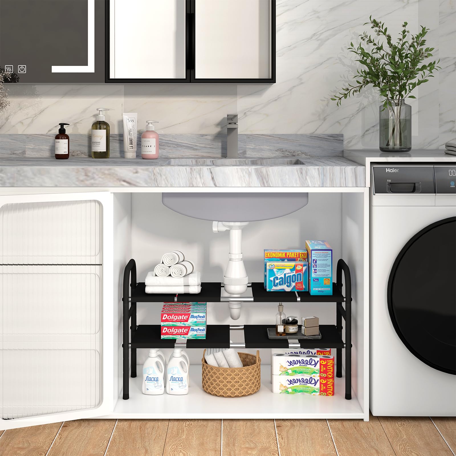 Expandable Under Sink Organizer - 2 Tier Kitchen & Bathroom Cabinet Storage Shelf with 8 Removable Plastic Boards - Perfect for Organizing Kitchen, Bathroom, Pantry, Entryway, Closet & Shoe Storage - Space Saving Home Organization Solution