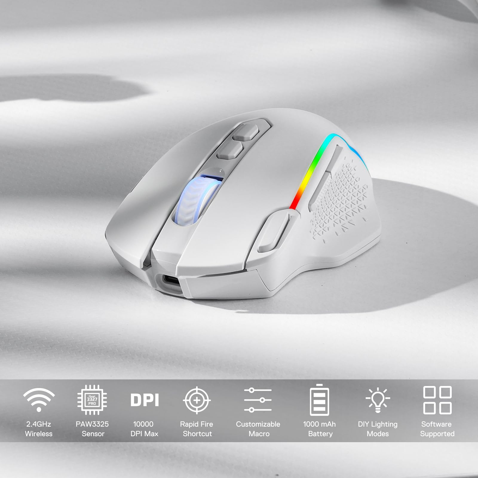 Redragon M810 Pro Wireless Gaming Mouse - 10000 DPI Wired/Wireless Mouse with Rapid Fire Key, 8 Programmable Macro Buttons, 45-Hour Battery Life & RGB Backlighting for PC, Mac, Laptop - Perfect for FPS, MOBA Games and Office Work