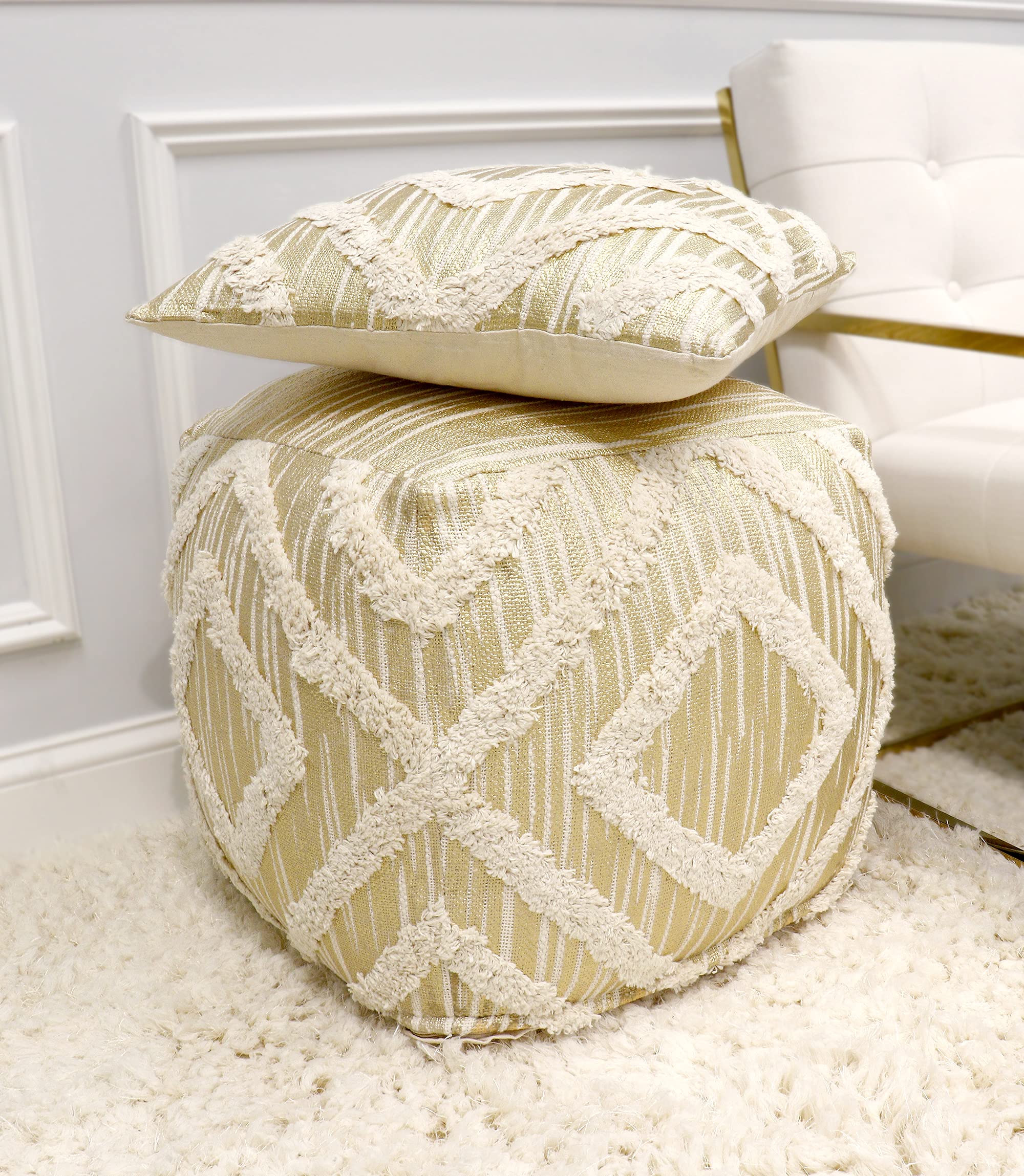 Pasargad Home Grand Canyon Cotton Pouf Ottoman - Ivory White Boho Floor Cushion for Living Room, Bedroom & Nursery - Cozy Seating & Footrest for Home Decor