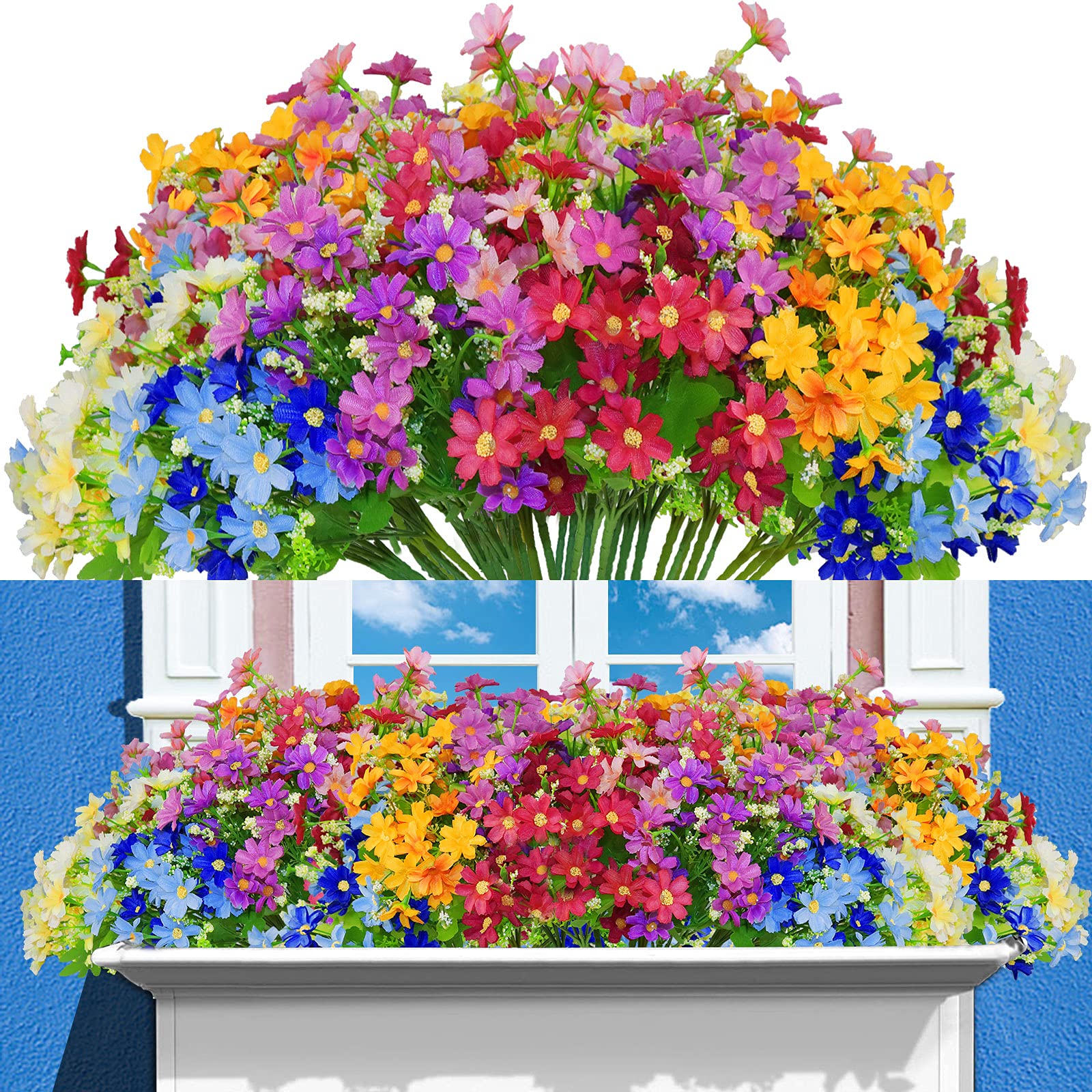 12 Bundles UV Resistant Artificial Fake Flowers for Outdoor Decoration - Faux Plastic Fabric Greenery Shrubs Plants - Perfect for Hanging Planters, Kitchen, Home Garden, Wedding & Party Decor (6 Colors) - Ideal for Patio, Porch, Balcony & Indoor Decoration