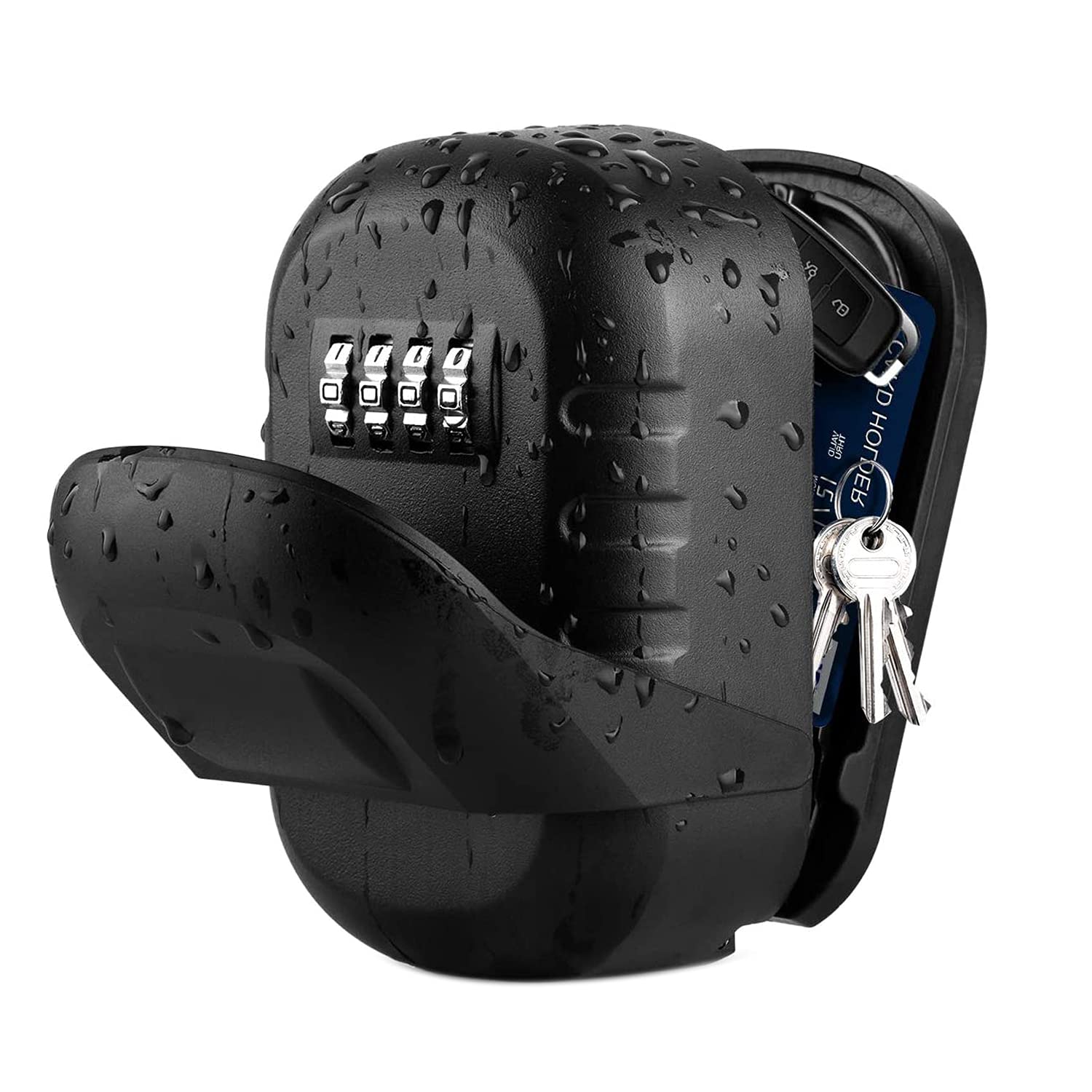 Secure Outdoor Key Lock Box - 4 Digit Resettable Combination Key Safe with Waterproof Cover & Mounting Kit | Wall Mounted House Key Storage for Vacation Homes, Rental Properties & Emergency Access (Black)