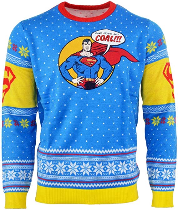 Superman 'Bad Guys Get Coal' Ugly Christmas Sweater - XS Size | DC Comics Holiday Jumper for Christmas Parties & Festive Gatherings