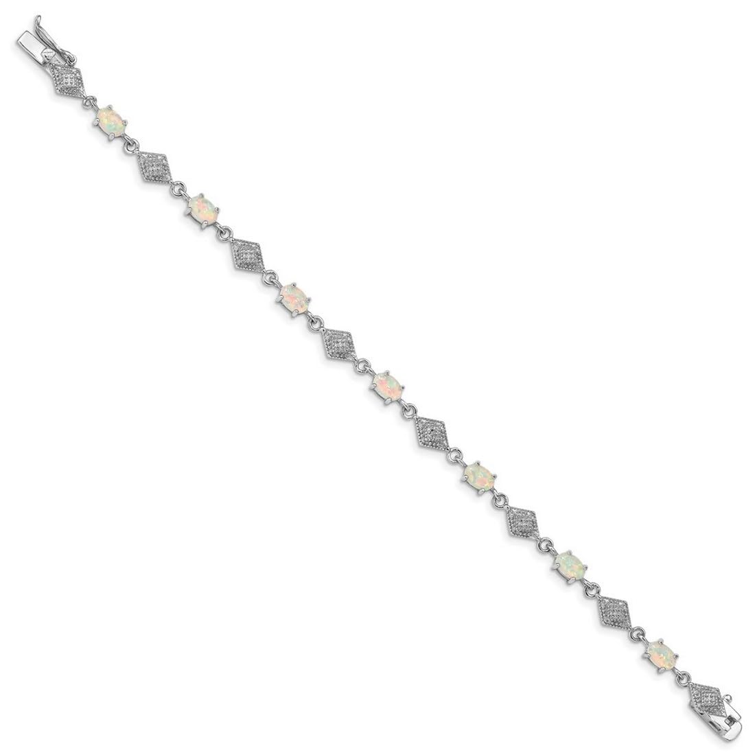 925 Sterling Silver Women's Safety Bar Box Clasp Bracelet with White Simulated Opal - 7 Inch 6mm Wide Polished Link Bracelet for Everyday Wear & Special Occasions