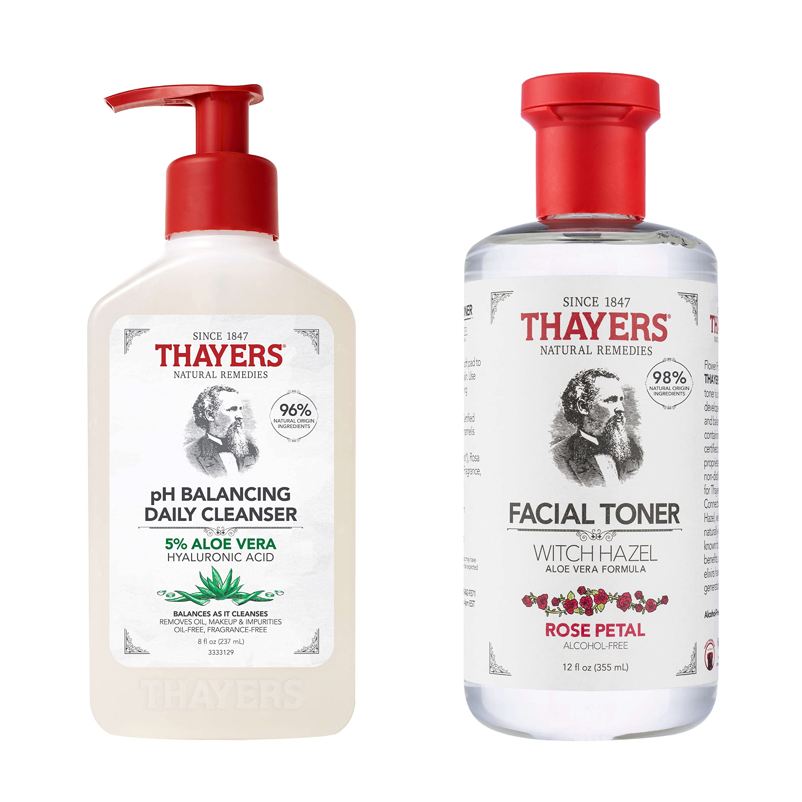 **Thayers Alcohol-Free Rose Petal Toner with Aloe Vera (12 FL Oz) & pH Balancing Daily Cleanser (8 FL Oz) – Hydrating, Gentle Skincare for Dry & Sensitive Skin – Perfect for Daily Facial Care & Makeup Prep**
