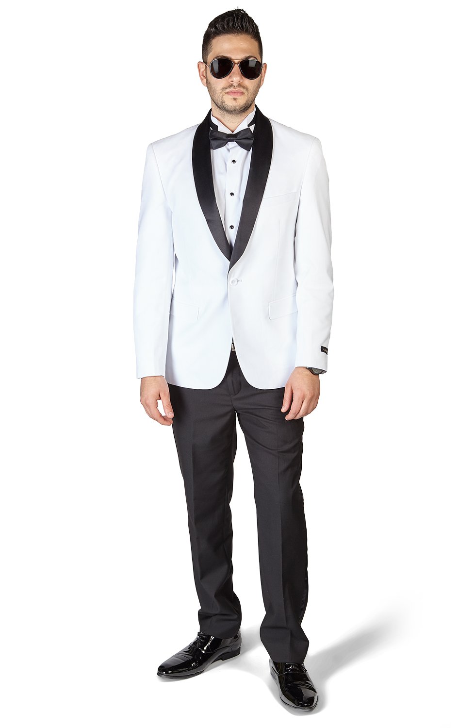 AZAR 4030-1 Men's Slim Fit 1 Button Shawl Lapel White Tuxedo Suit with Black Pants - Formal Wedding, Prom, Evening Gala & Special Occasion Attire
