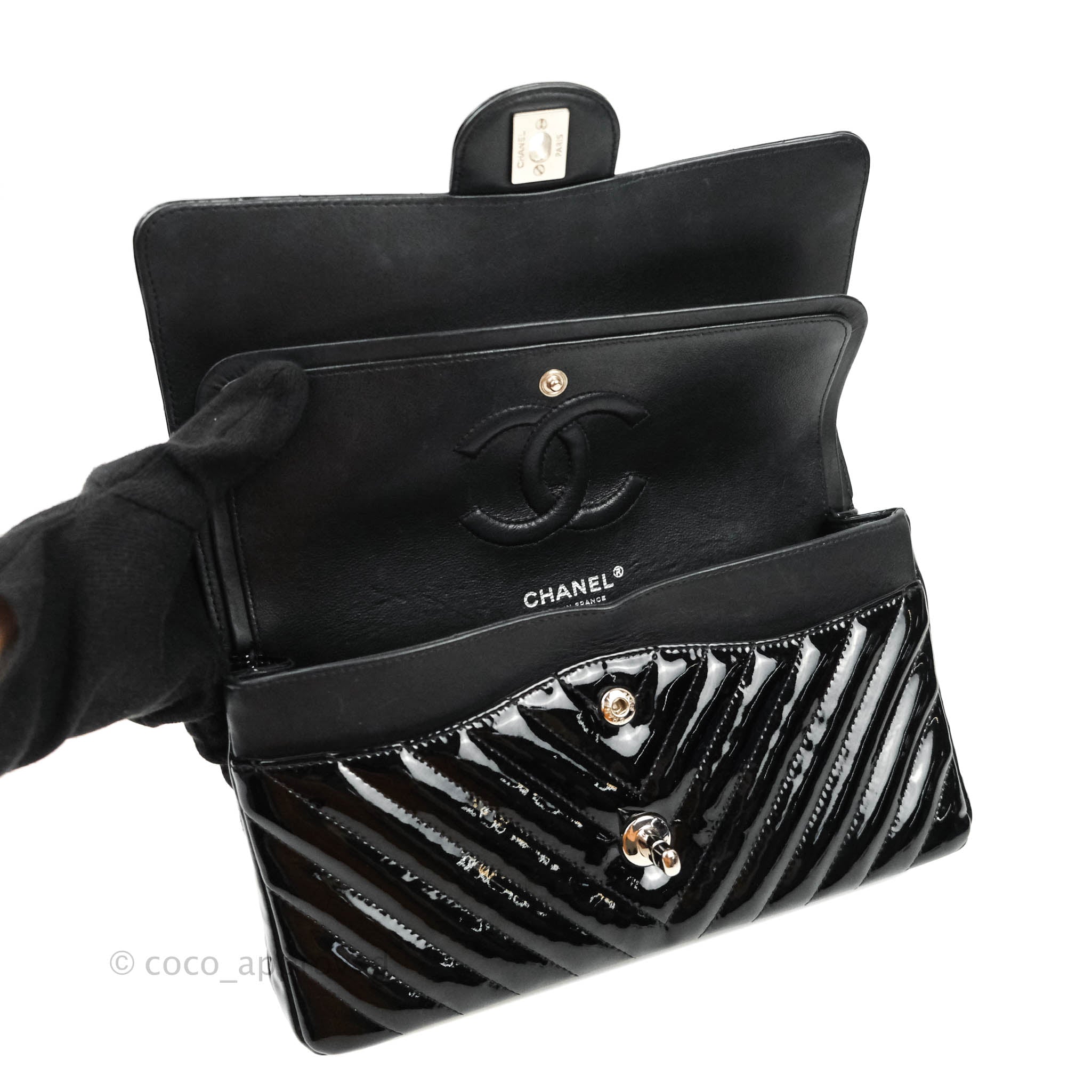 Chanel Classic Chevron M/L Medium Double Flap Bag - Black Patent Leather with Silver Hardware | Luxury Designer Handbag for Women, Perfect for Work, Evening Events & Special Occasions