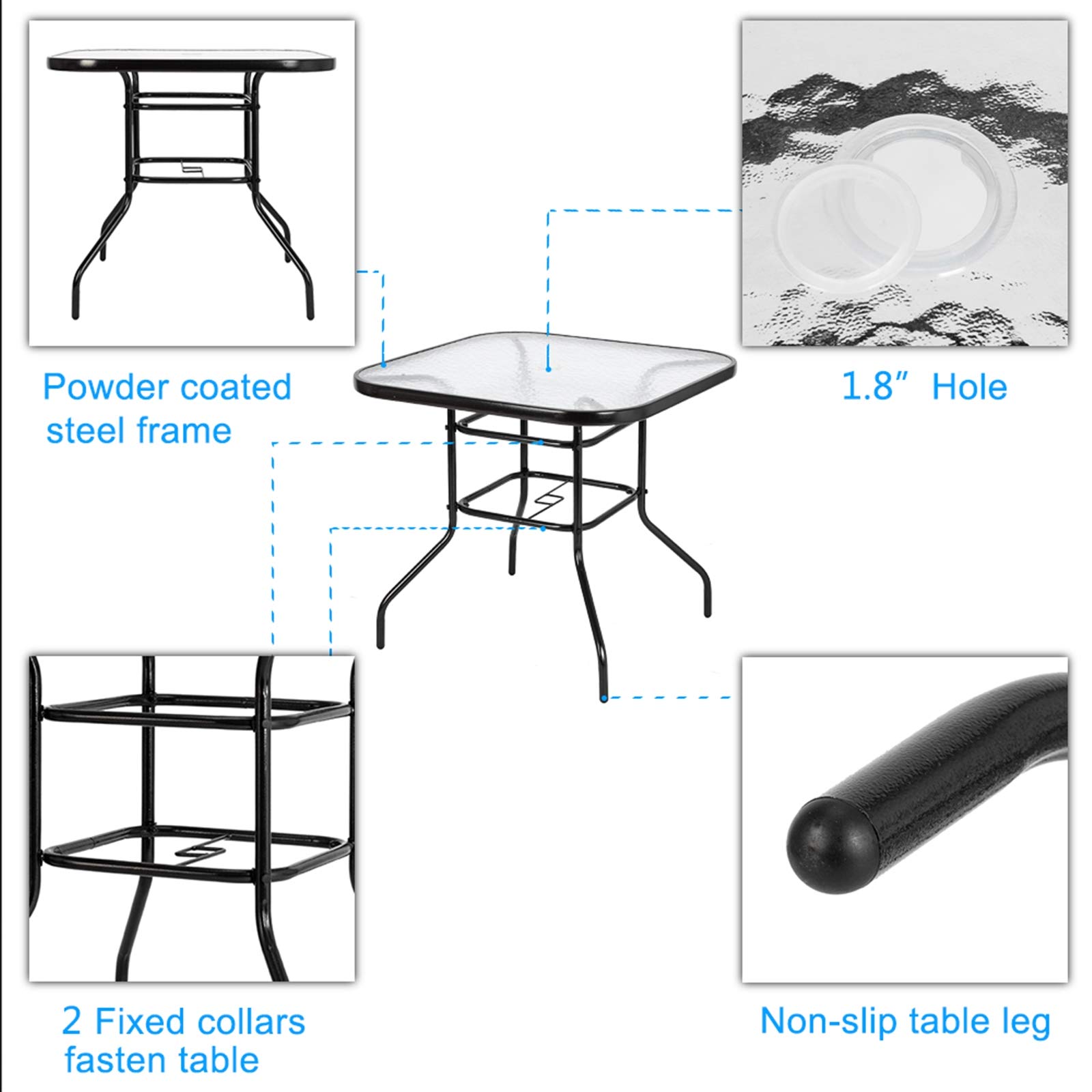 32 Inch Round Patio Glass Top Table with Umbrella Hole - Outdoor Bistro Dining Table, Metal Side Table for Backyard, Garden, Balcony - Durable Outdoor Furniture for Dining, Lounging & Entertaining