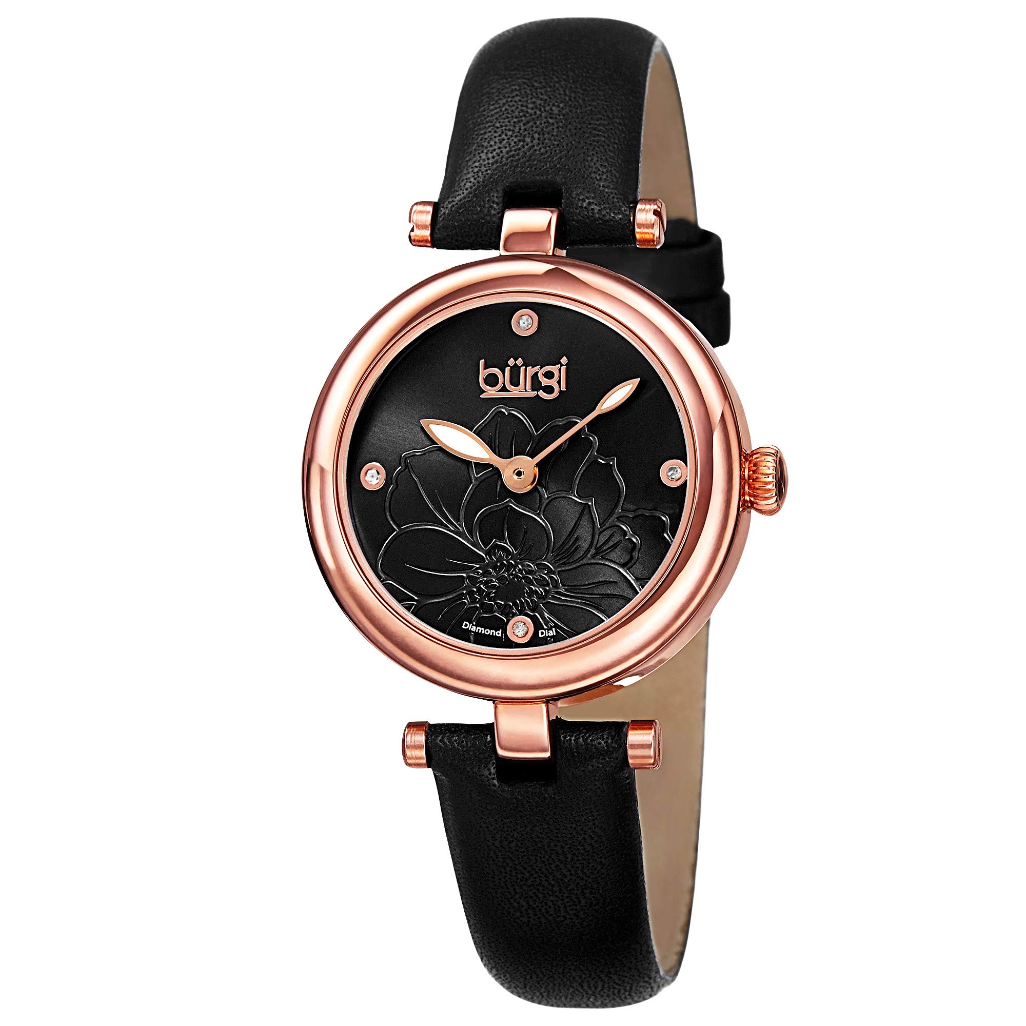 Burgi Diamond Accented Flower Dial Women's Watch with 4 Diamond Hour Markers & Genuine Leather Strap - BUR128 | Elegant Dress Watch for Office, Party & Special Occasions