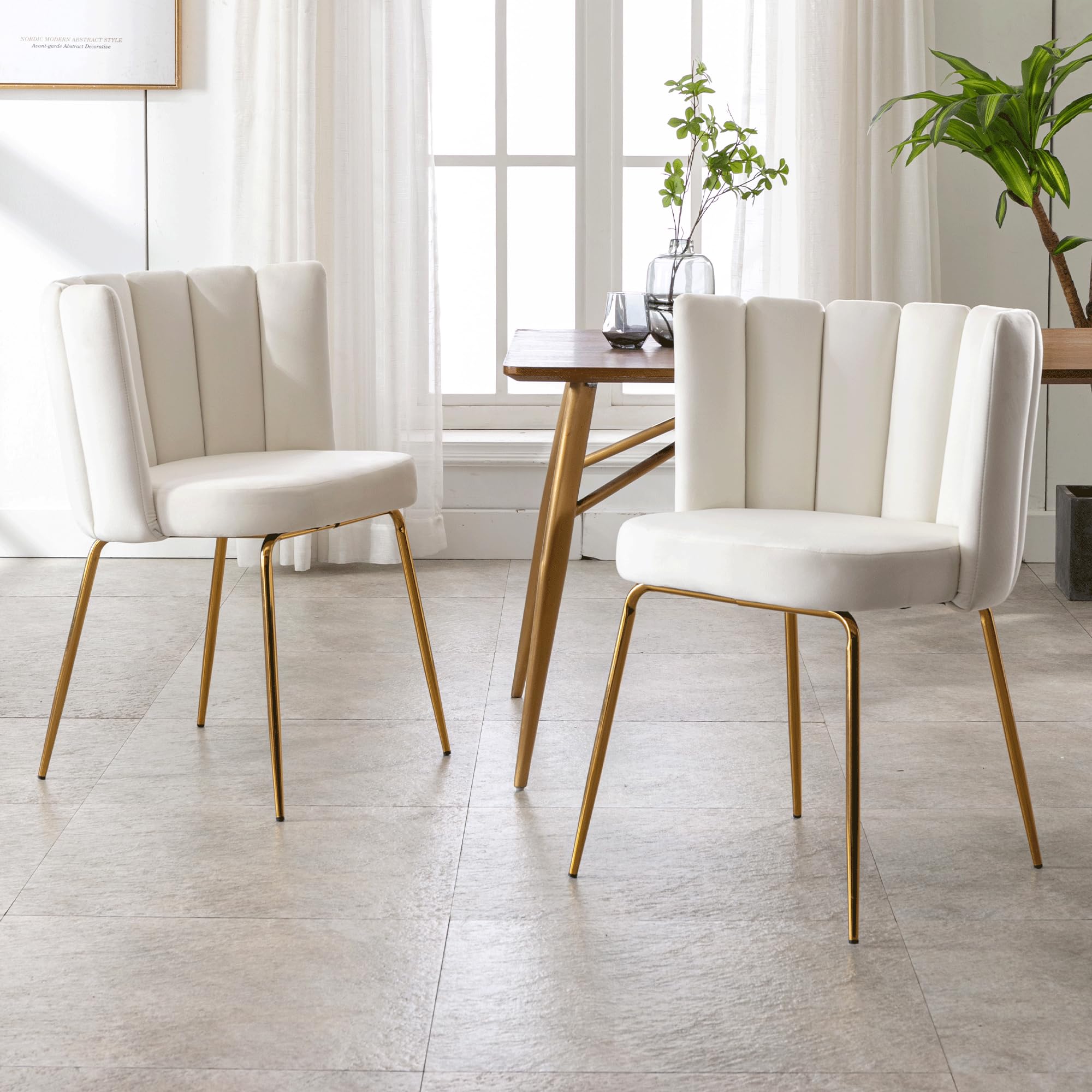 Modern Velvet Accent Dining Chairs Set of 2 - Upholstered Kitchen & Living Room Side Chairs with Gold Metal Legs, Cream - Perfect for Home, Restaurant, and Office Use