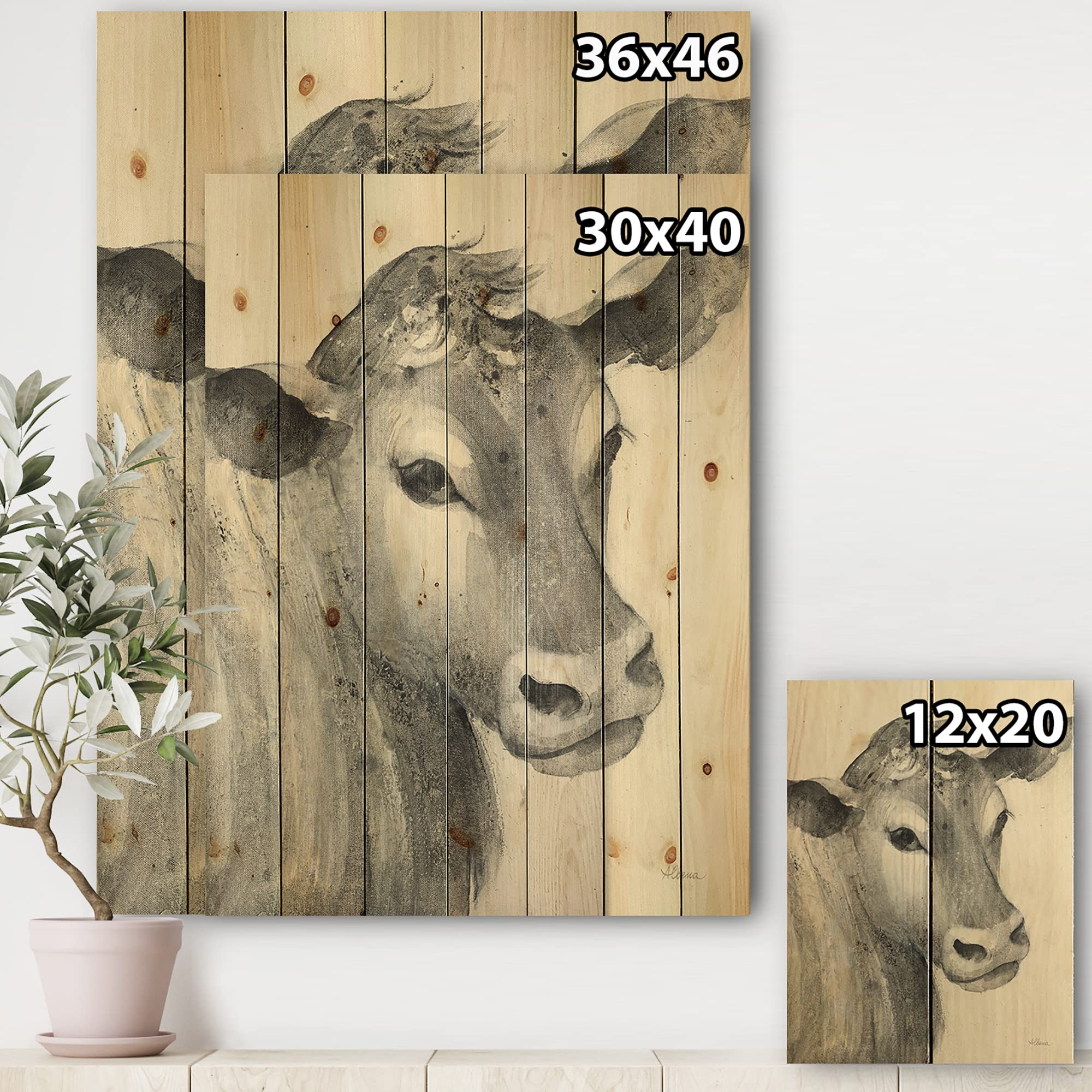 Farmhouse Wood Wall Decor - Black & White Cow Animal Art on Natural Pine Wood, Large Grey Wood Wall Panels for Living Room, Kitchen & Country Home Decor