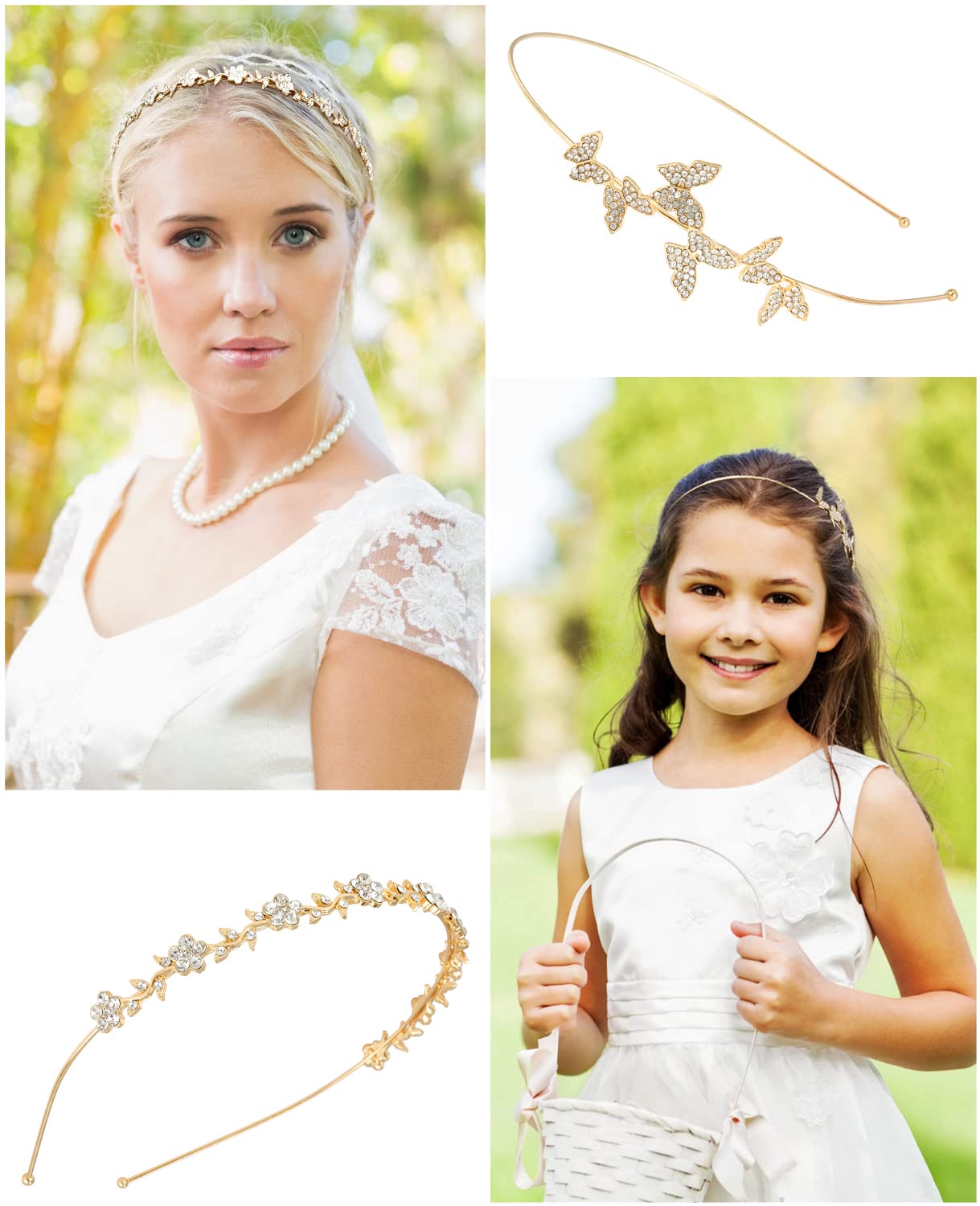 Wecoe 4 Pack Rhinestone Headbands for Women - Gold Metal Wedding Headpieces with Crystal Flower Leaf Butterfly Design - Elegant Bridal Hair Accessories for Girls, Flower Girl, Halloween & Formal Events