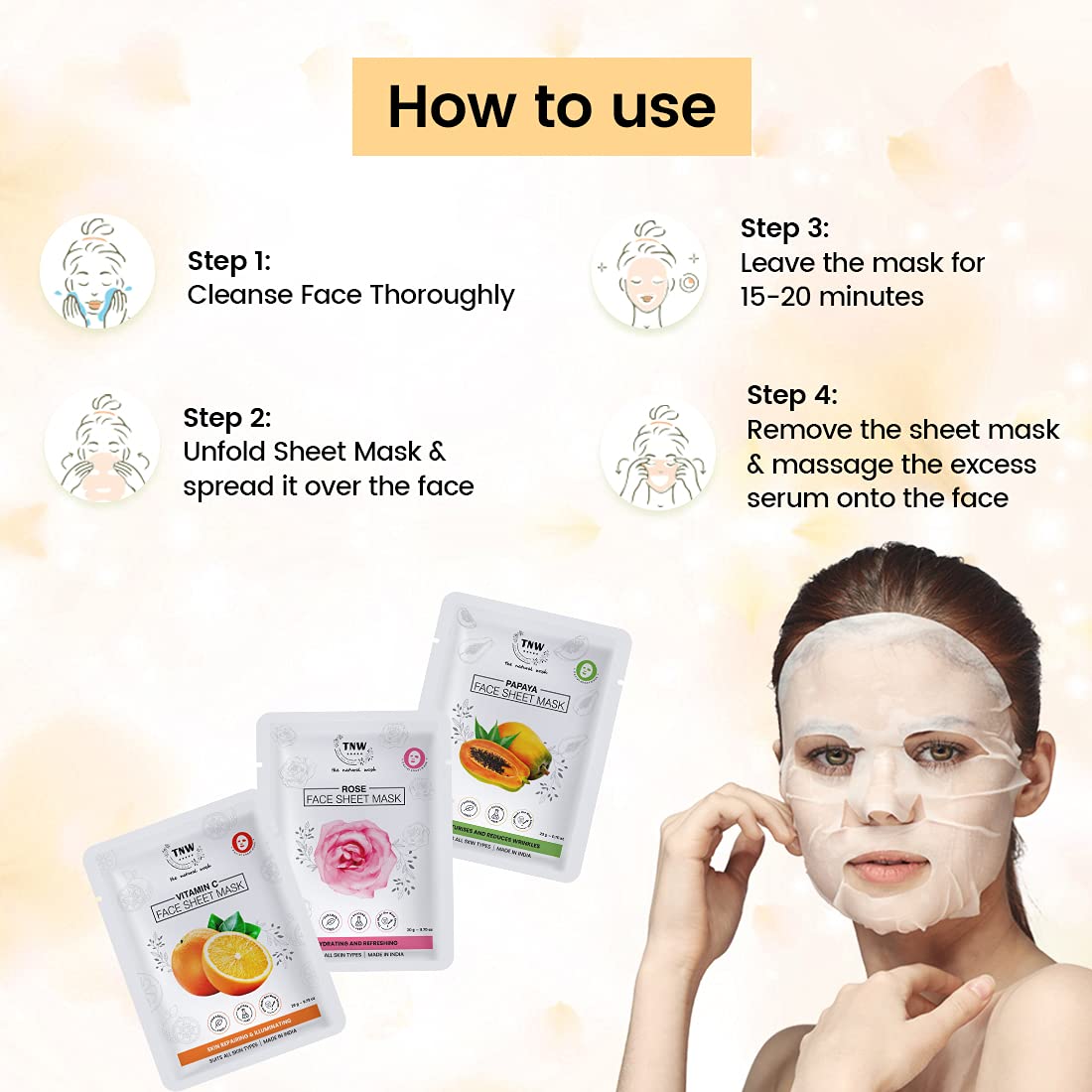 TNW THE NATURAL WASH Vitamin C, Papaya & Rose Sheet Mask Set (3 Pack) - Skin Repair, Glow & Wrinkle Reduction for All Skin Types | Perfect for Spa Nights, Self-Care Routines & Gift Giving