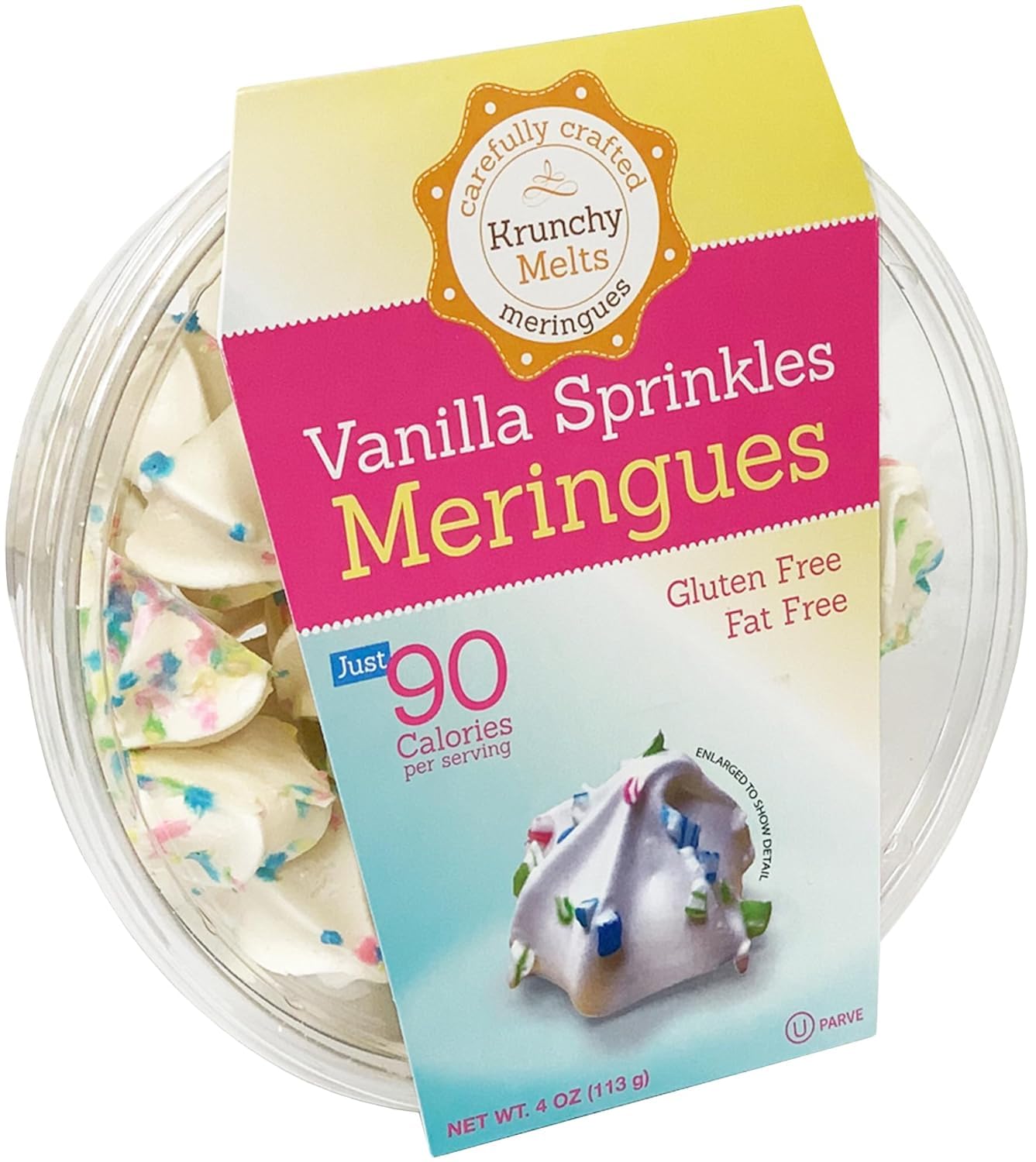 Krunchy Melts Original Meringue Cookies - Vanilla Sprinkles Flavor - Low Calorie (90 Cal/Serving), Fat Free, Gluten Free, Dairy Free, Vegan Snacks (4 Oz) - Perfect for Parties, Gifts & Healthy Desserts