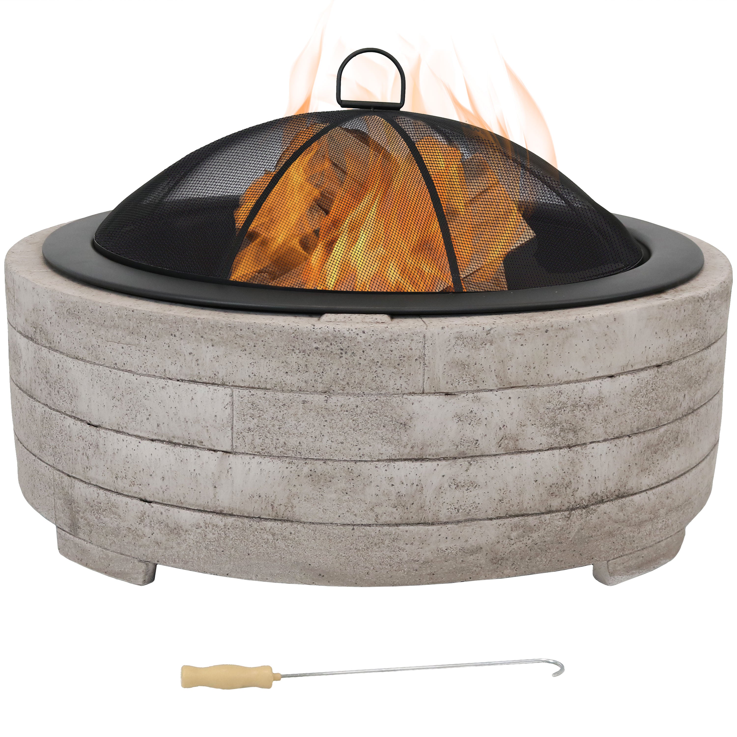 Sunnydaze 35-Inch Faux Stone Fire Pit Ring with Spark Screen - Outdoor Patio, Backyard, Camping Fire Pit Accessory for Garden & Deck
