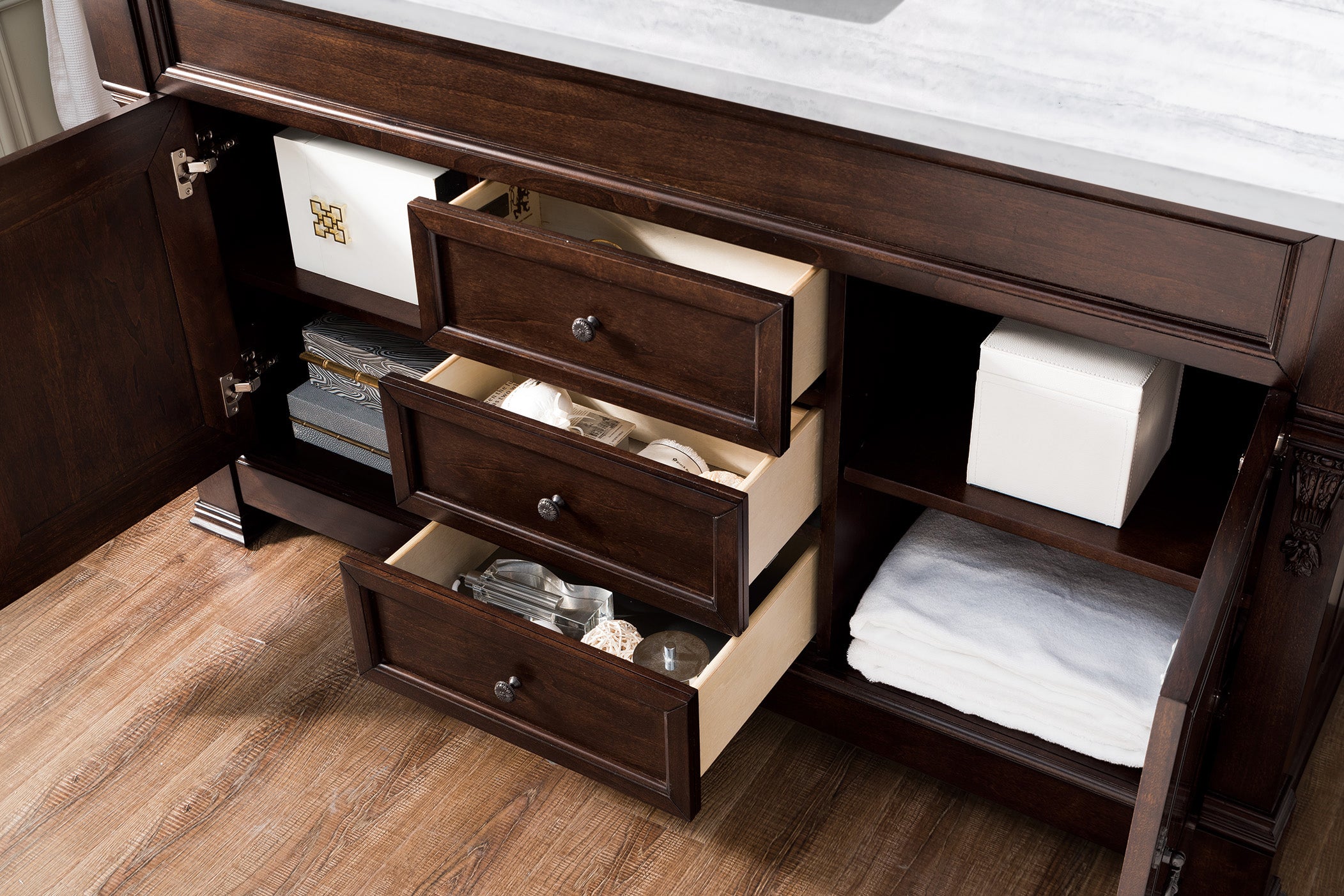 Brookfield 60-Inch Single Bathroom Vanity with Burnished Mahogany Finish & 3CM Arctic Fall Solid Surface Top - Perfect for Modern Master Bathrooms & Powder Rooms