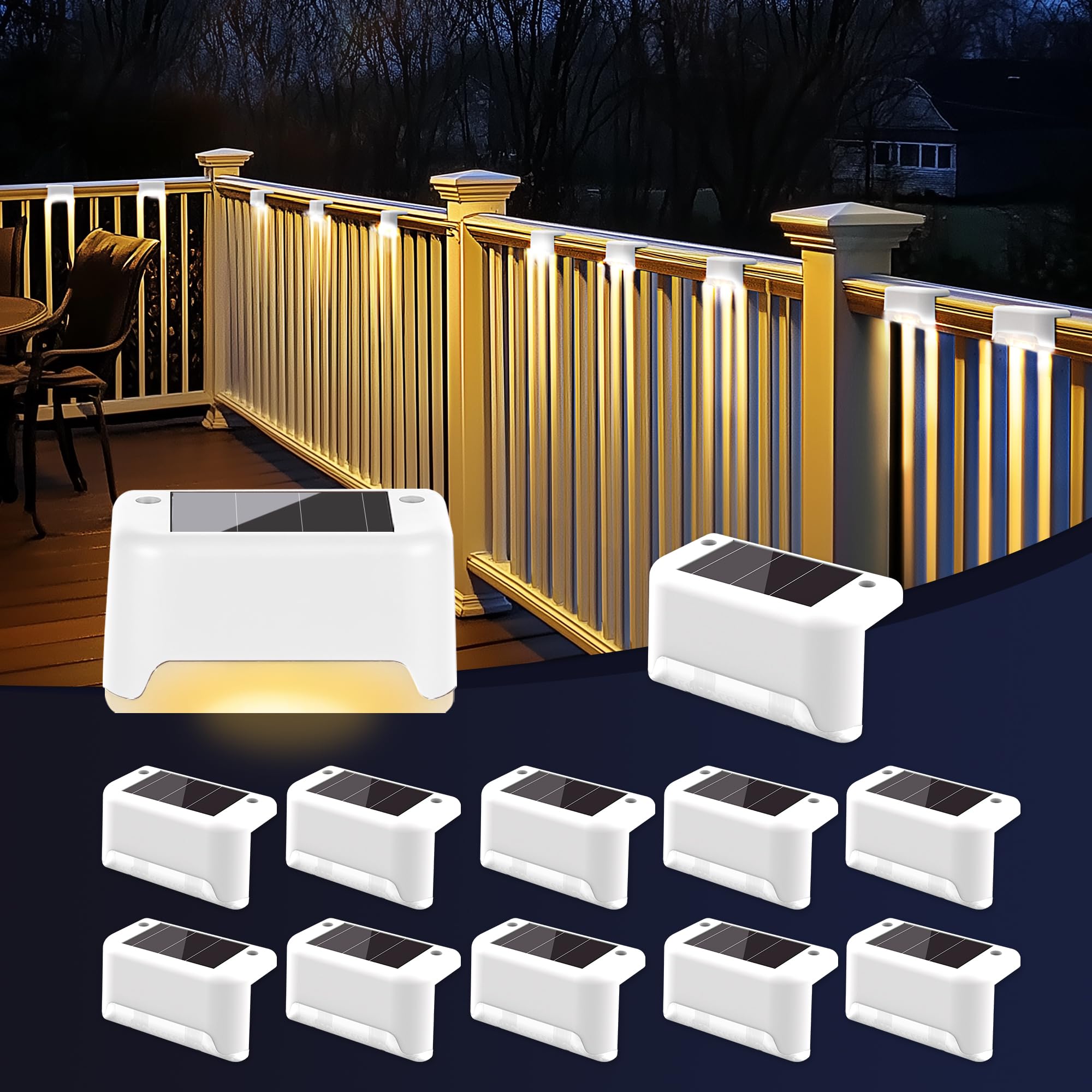 Solar Fence Lights Outdoor, 12Pack Waterproof LED for Deck, Stairs, Yard - Warm White Lighting for Night Safety