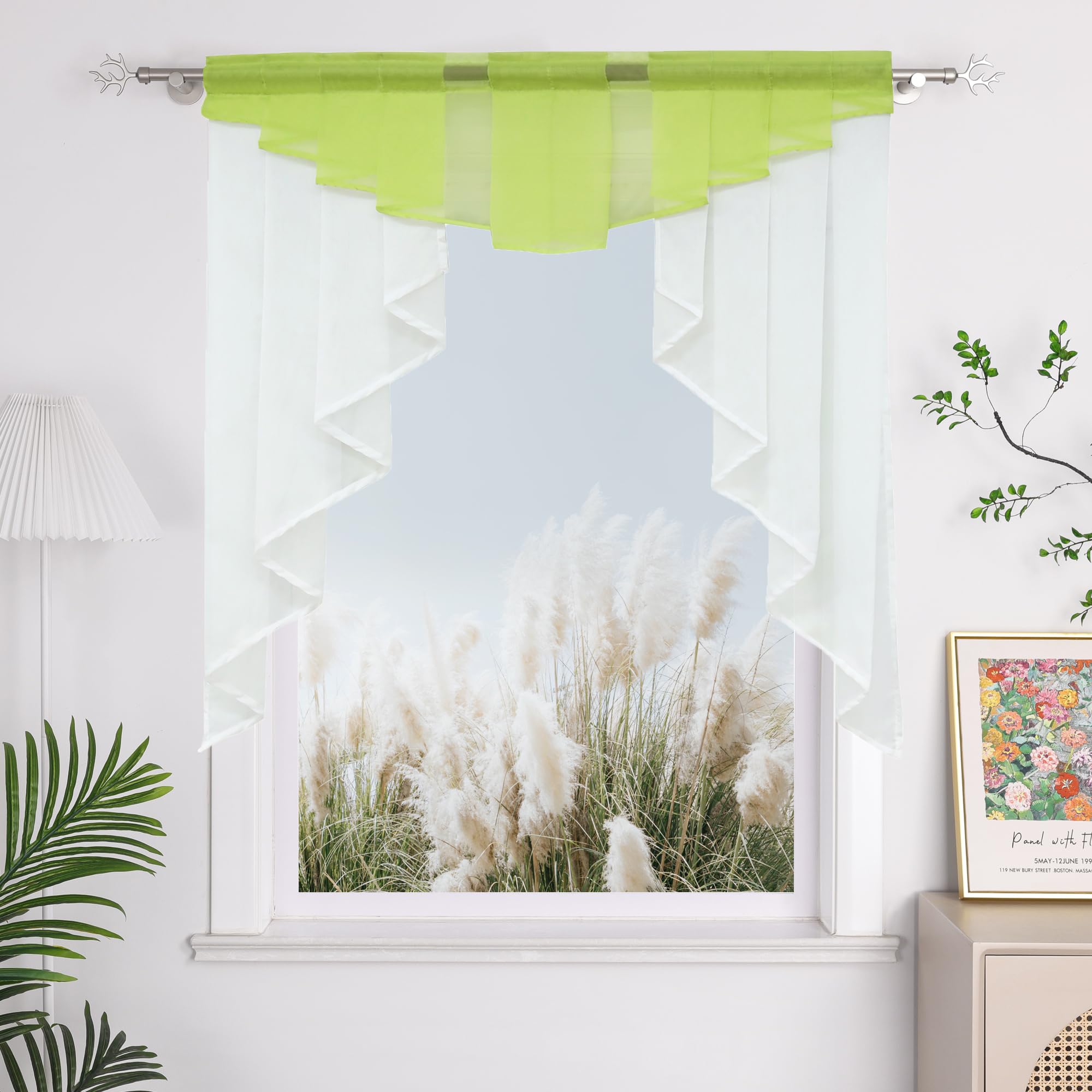 Sheer Voile Window Valance Rod Pocket Swag Curtain - Pleated Roman Shades for Kitchen - 1pc Green (47