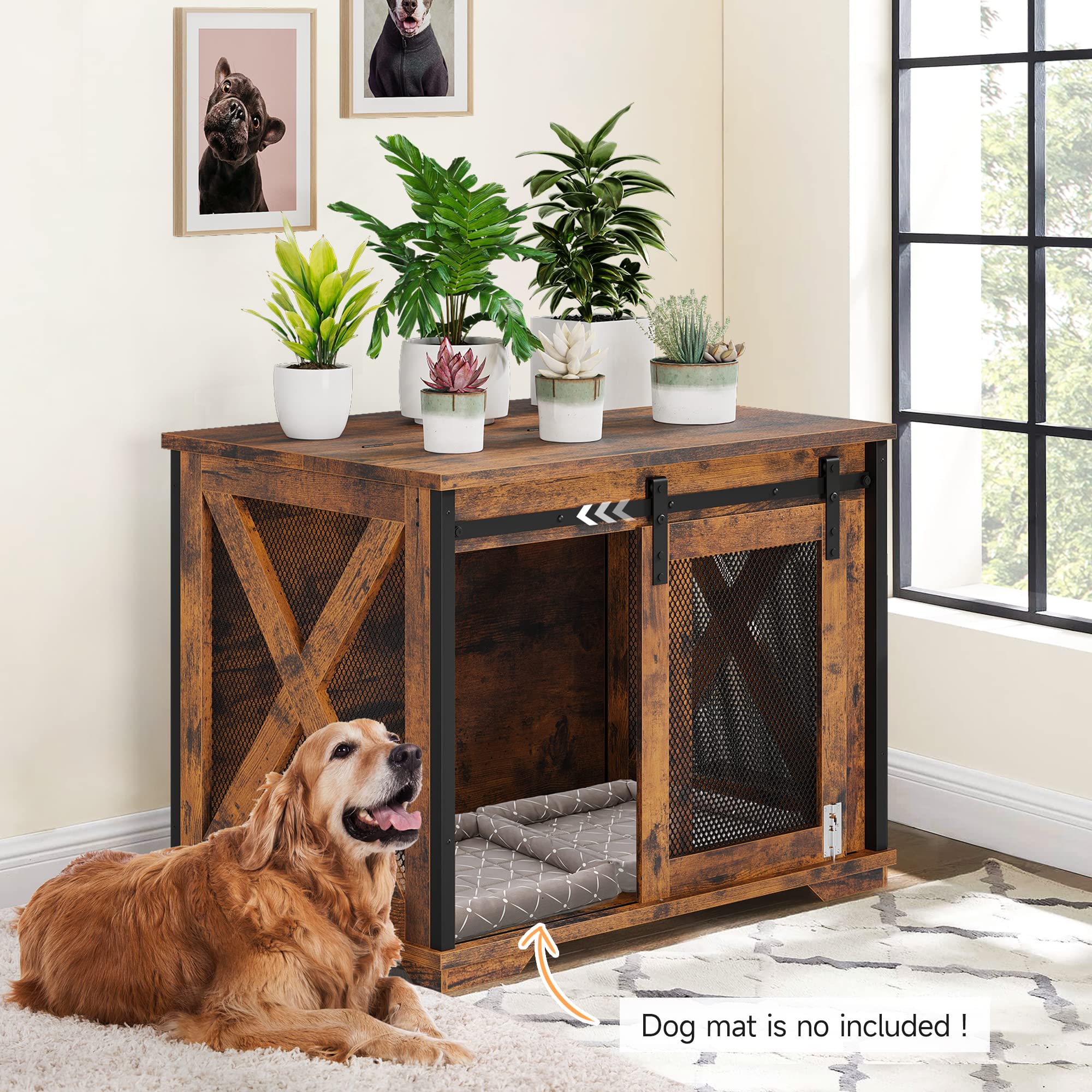 GAOMON Sliding Doors Wooden Dog Crate Furniture with End Table & Flip-Top Plate - Indoor Rustic Brown Pet Kennel for Small to Medium Dogs | Perfect for Living Room, Bedroom & Home Decor