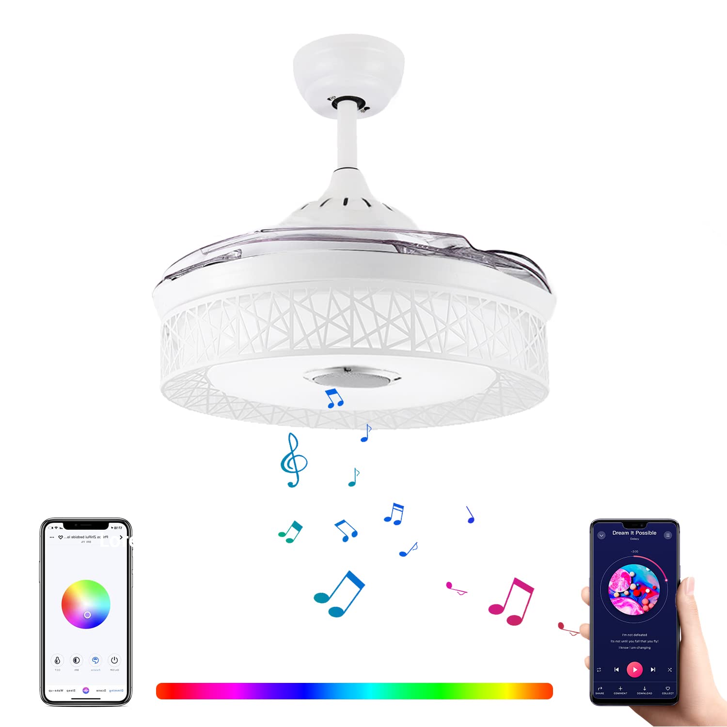 MoreChange 42 Inch Retractable Ceiling Fan with LED Lights & Remote Control - Modern Invisible Bluetooth Chandelier Fan with Built-in Speaker for Music Playback, 7 Color Dimmable Lighting - Perfect for Bedroom, Living Room & Dining Room Home Decor