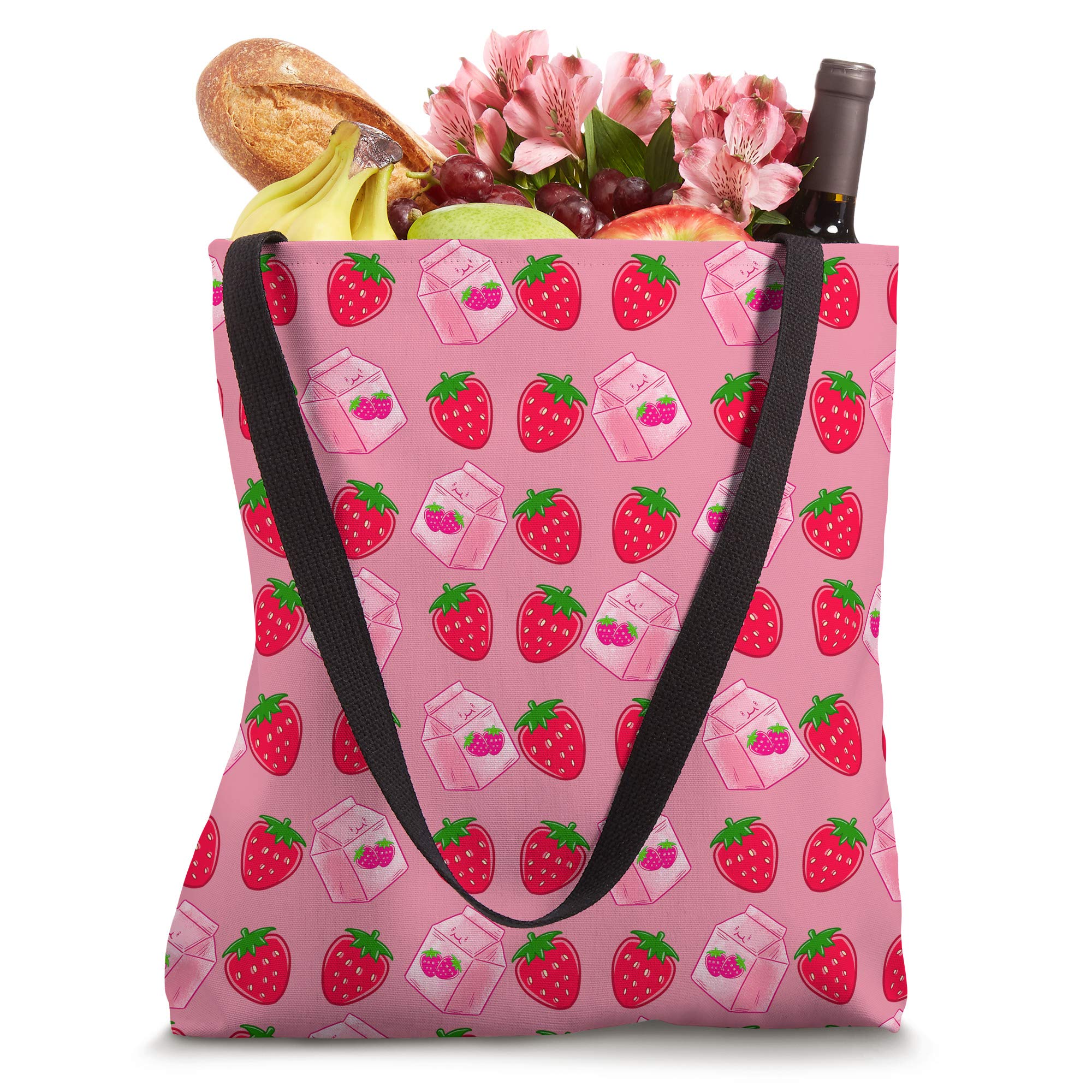 Kawaii Strawberry Milk Print Japanese Style Tote Bag - Cute Fruit Pattern Reusable Shopping Bag for Women, Girls, Gift, School, Grocery, Beach