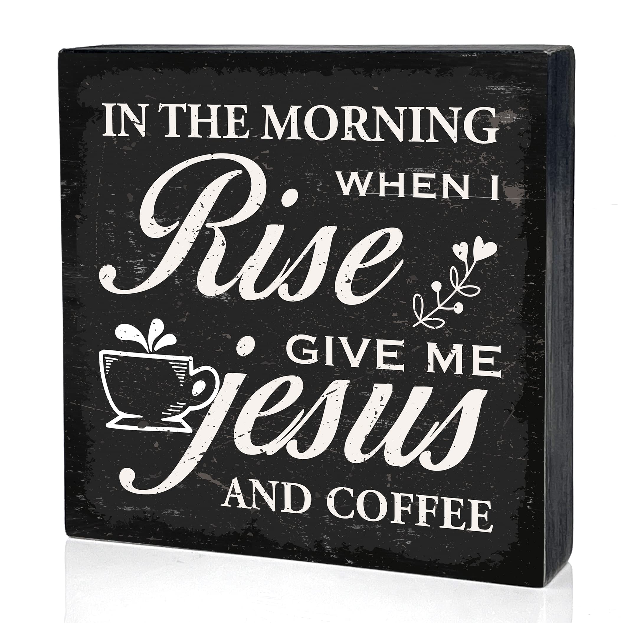 Vintage Wooden Coffee Box Sign - Funny 'In the Morning When I Rise' Rustic Plaque - 5x5 Inch Home & Kitchen Decor for Shelves, Tables & Desks - Perfect for Coffee Lovers & Farmhouse Style Decorations