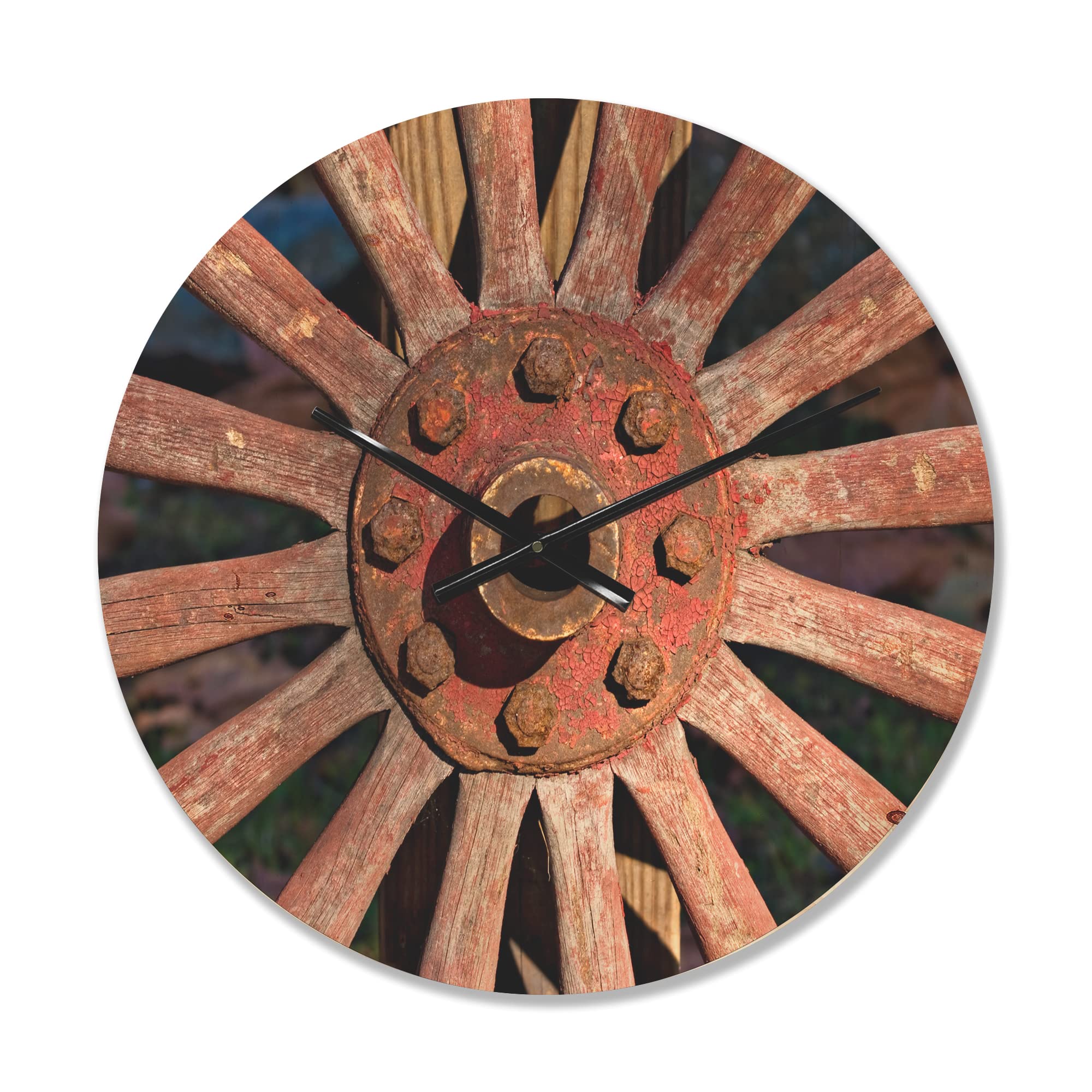 Vintage Red Metal Country Wagon Wheel Farmhouse Wood Wall Clock - Large Decorative Cottage Style Oversized Wooden Clock for Living Room, Bedroom & Office Décor - Perfect Rustic Home Decor for Country, Western & Farmhouse Style Interiors