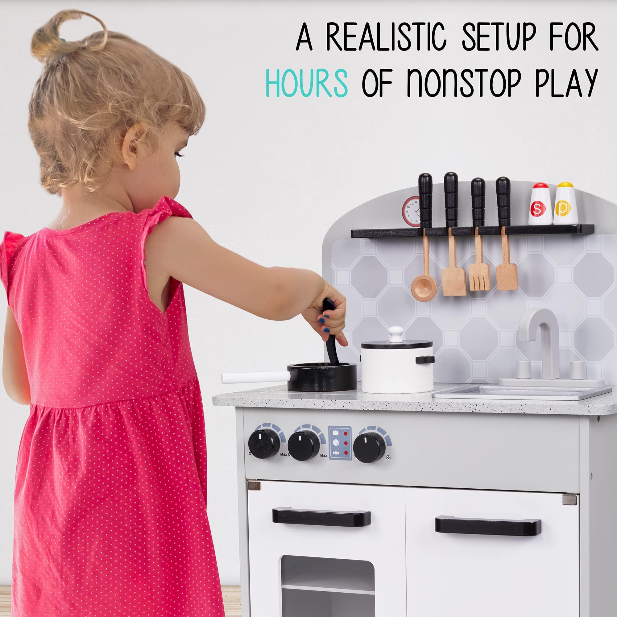 Lil' Jumbl Kids Pretend Kitchen Playset - Wooden Play Kitchen Toy with Realistic Setup, Includes Pot & Pan, 4 Utensils, Salt & Pepper Shaker (Gray) - Perfect for Imaginative Play, Role-Playing & Early Learning at Home or Preschool