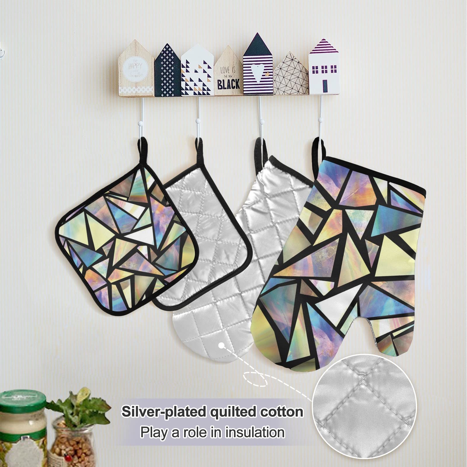 Iridescent Triangle Abstract Kitchen Apron Set with 2 Potholders & 2 Oven Mitts - Stylish Cooking Accessories for Men, Women & Chefs - Perfect for Baking, Grilling & Home Kitchen Decor
