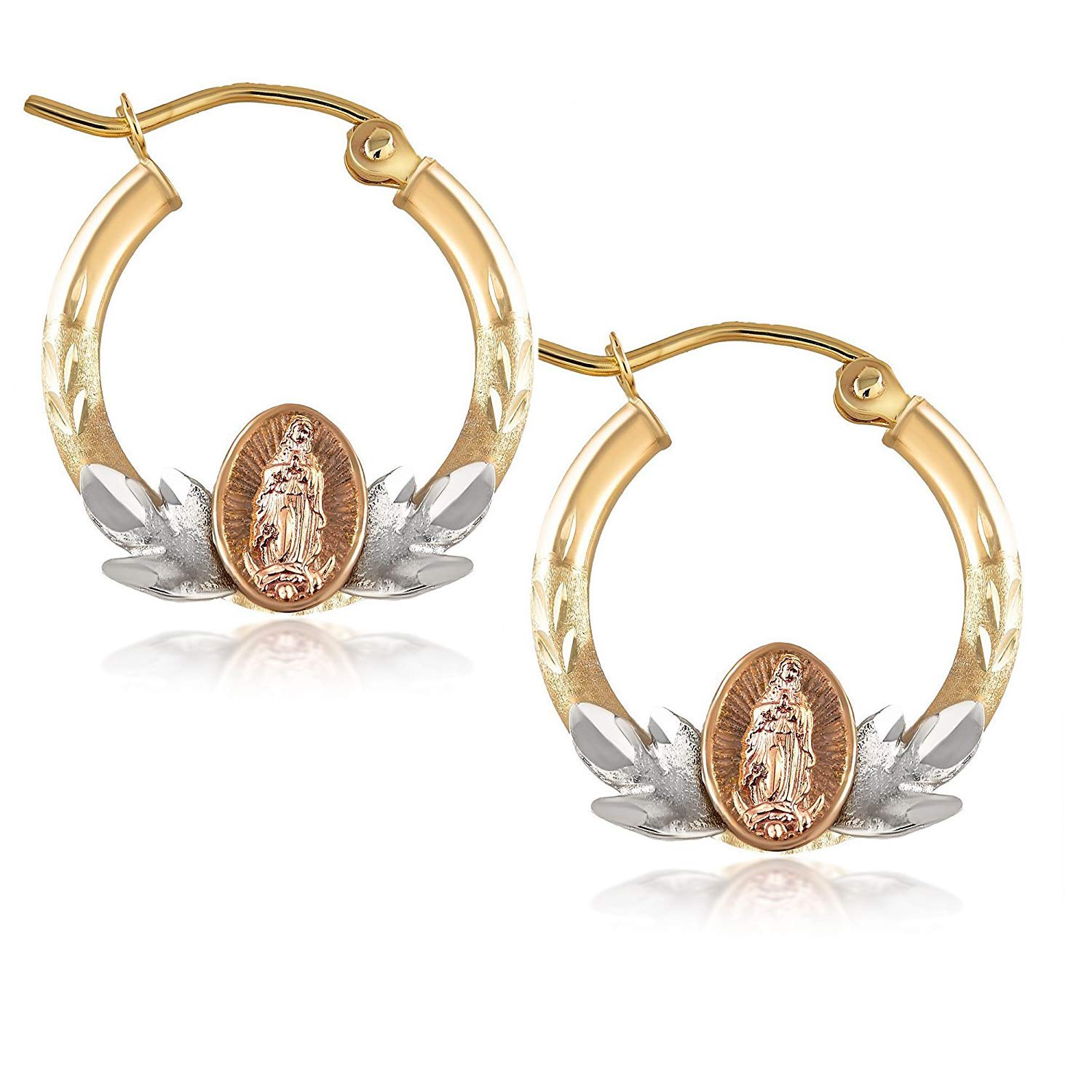 14K Gold Virgin Mary Hoop Earrings for Women - Tri-Color Yellow White Rose Gold Religious Jewelry Gift - Elegant Mother's Day Present - Perfect for Church, Weddings & Special Occasions