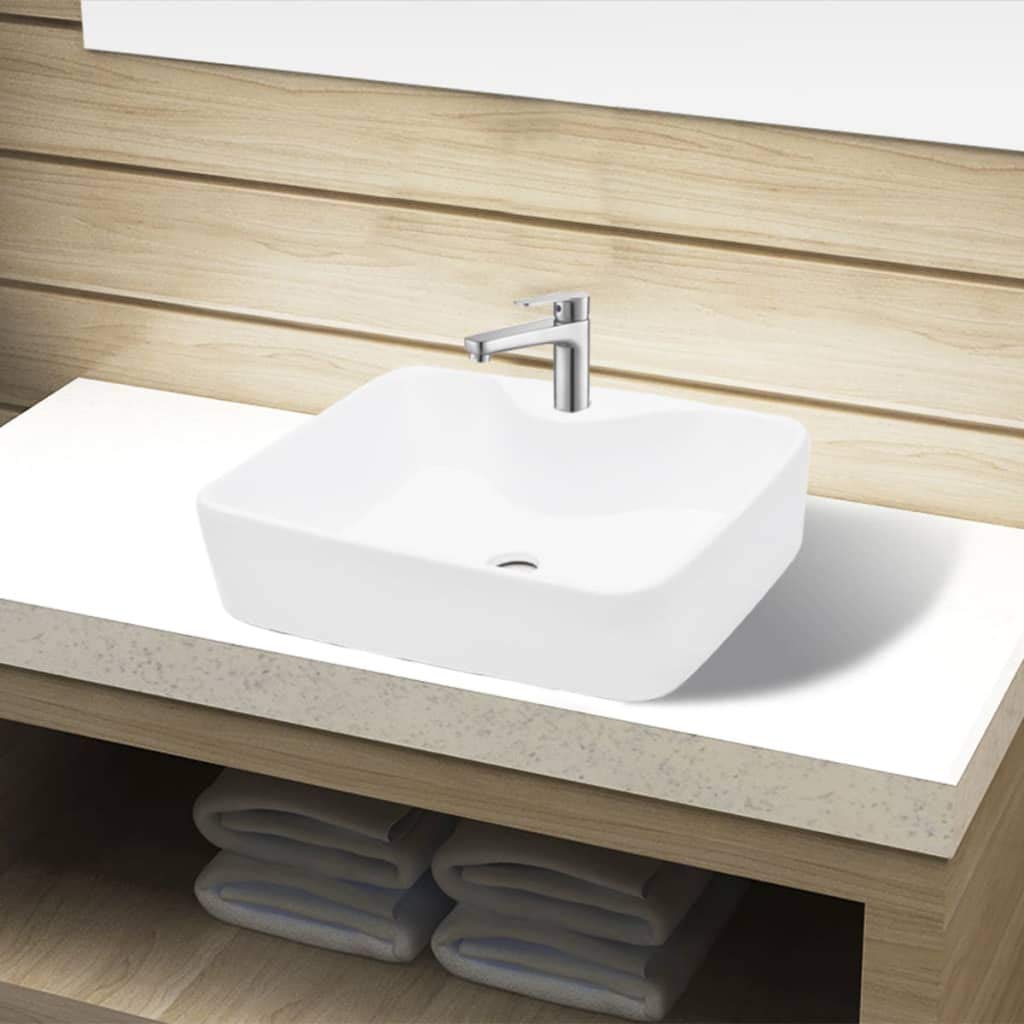 FAMIROSA White Square Ceramic Bathroom Sink with Faucet Hole - Modern Vanity Basin for Bathroom Remodel & Powder Room Upgrade