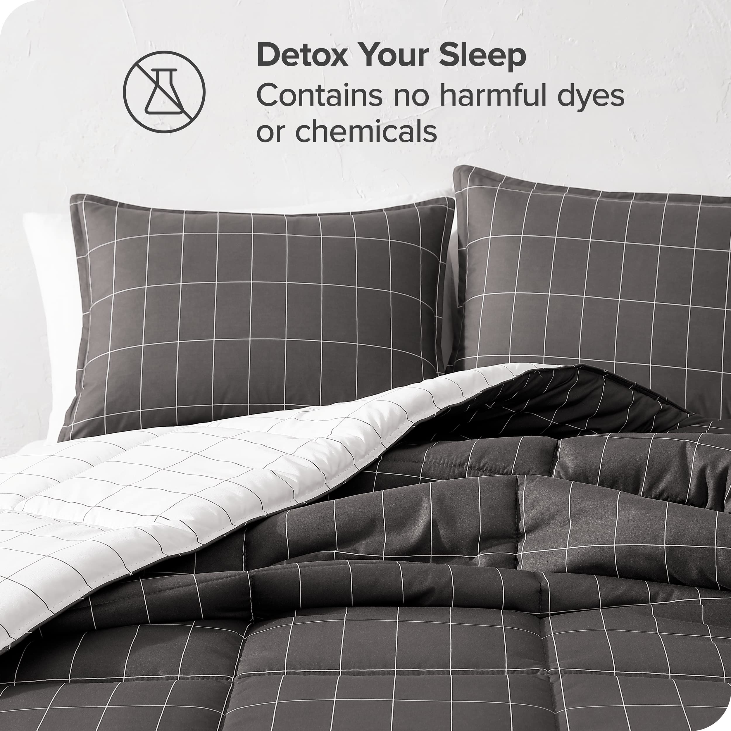 Bare Home 7-Piece Queen Bed-in-a-Bag Comforter Set with Sheets - Ultra Soft 1800 Premium Goose Down Alternative Bedding (Grid Grey/White Comforter + White Sheets) - Perfect for Master Bedroom, Guest Room & Cozy Home Decor