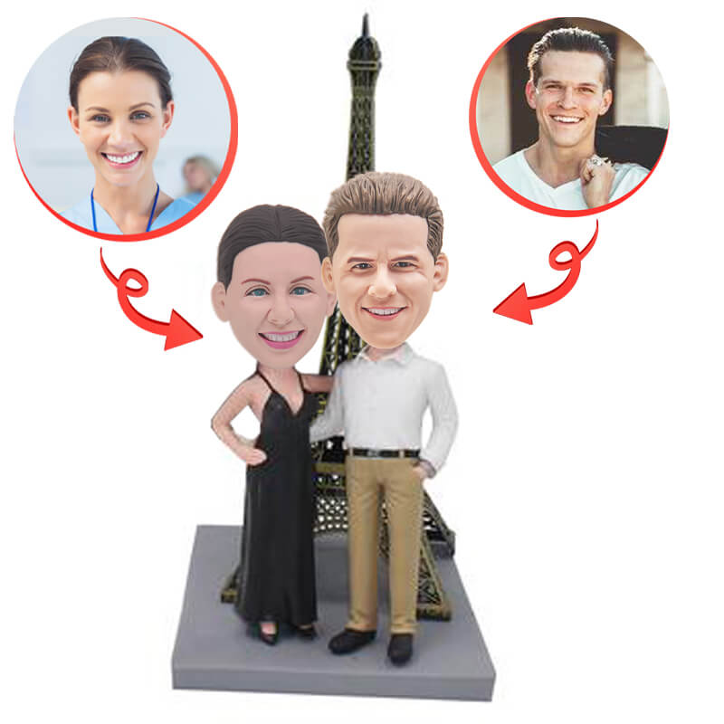 Custom Couple Bobbleheads - Personalized Anniversary Gift with Eiffel Tower Scene | Romantic Home Decor & Wedding Keepsake