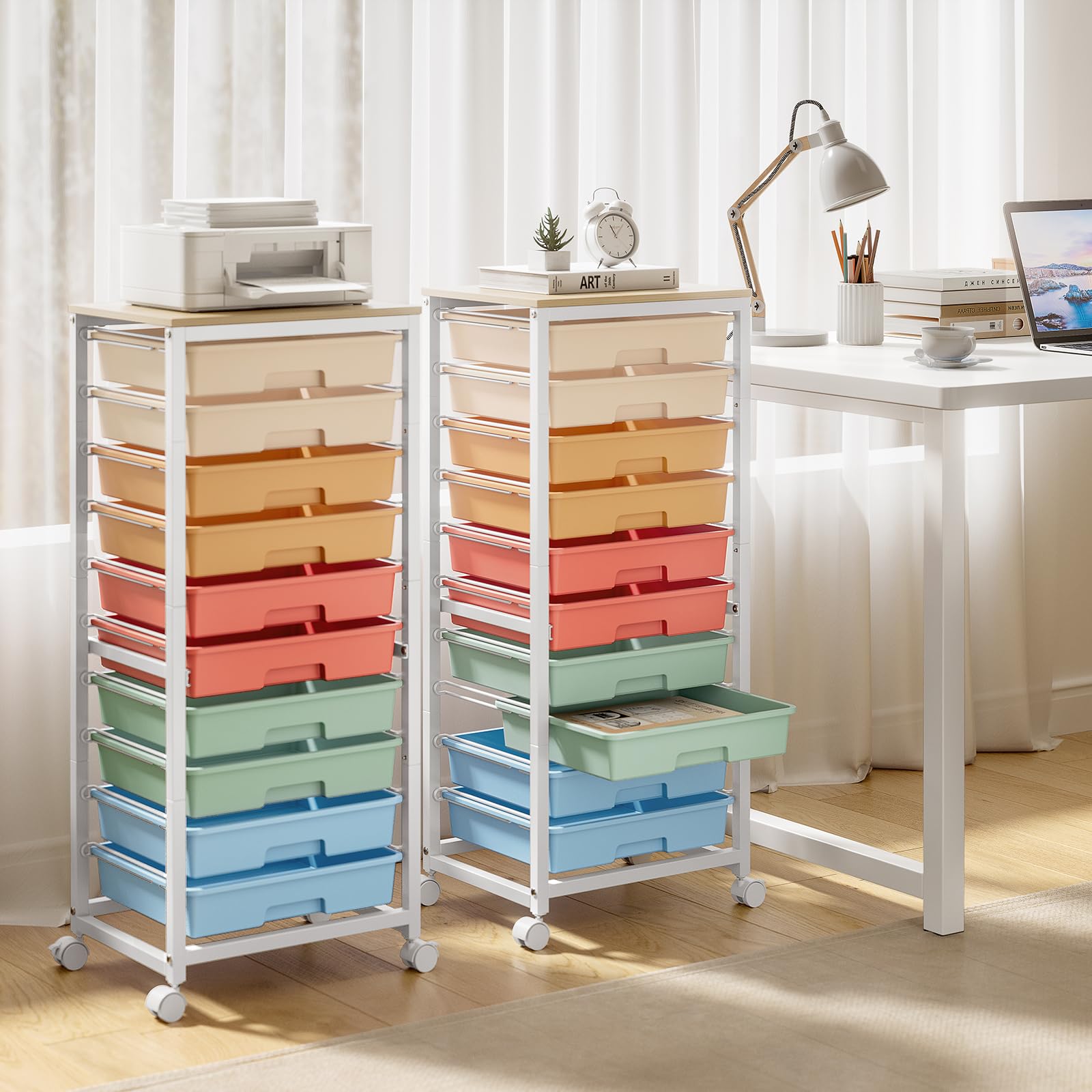 10-Drawer Rolling Storage Cart with Wheels & Wooden Tabletop - Mobile Utility Organizer for Classroom, Craft Room, Office & Home Use - Rainbow Design Teacher Cart