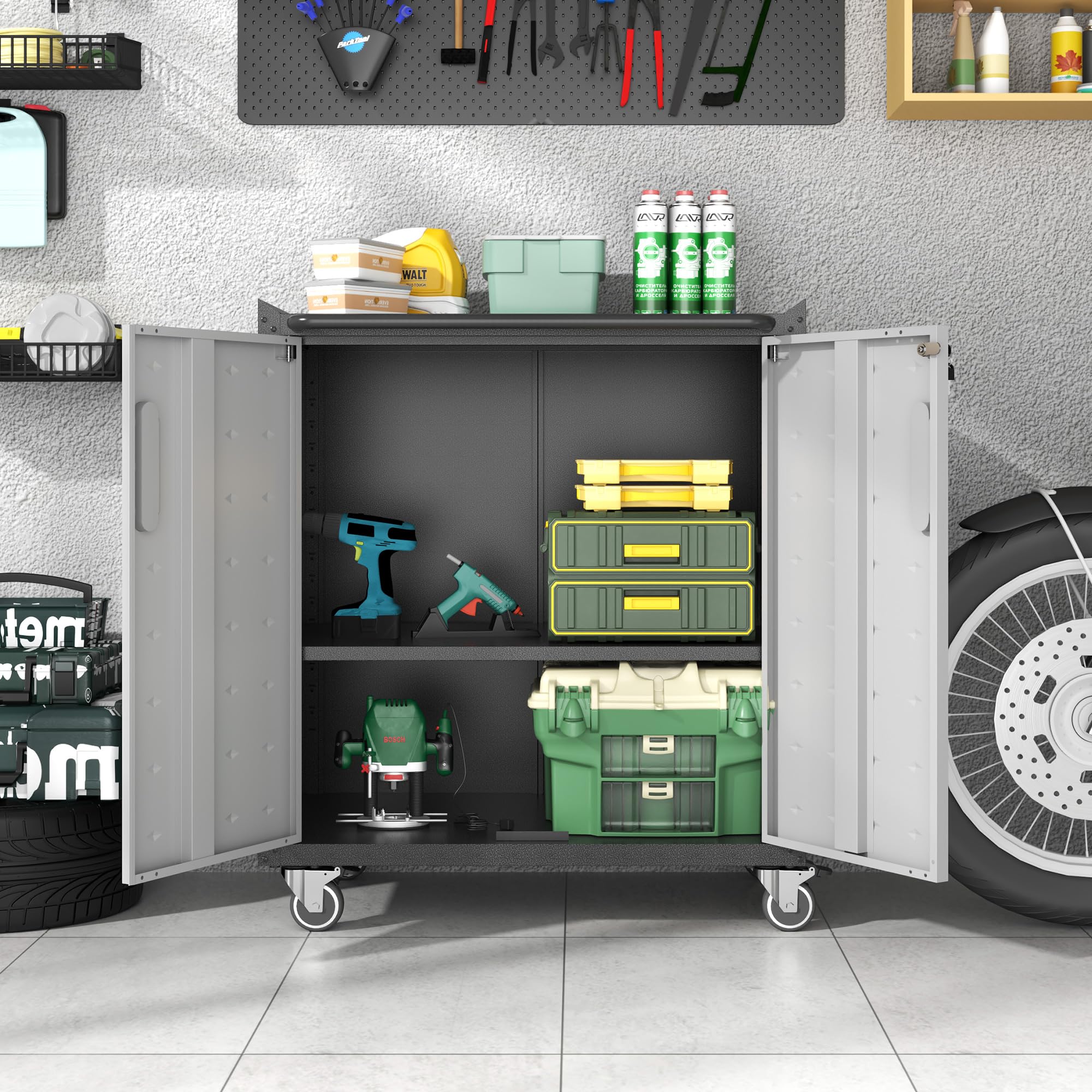 Heavy-Duty Metal Storage Cabinet with Wheels - Rolling Tool Cabinet with Lockable Doors & Adjustable Shelves for Garage, Workshop, or Office Organization - Easy Assembly (Black & Grey)