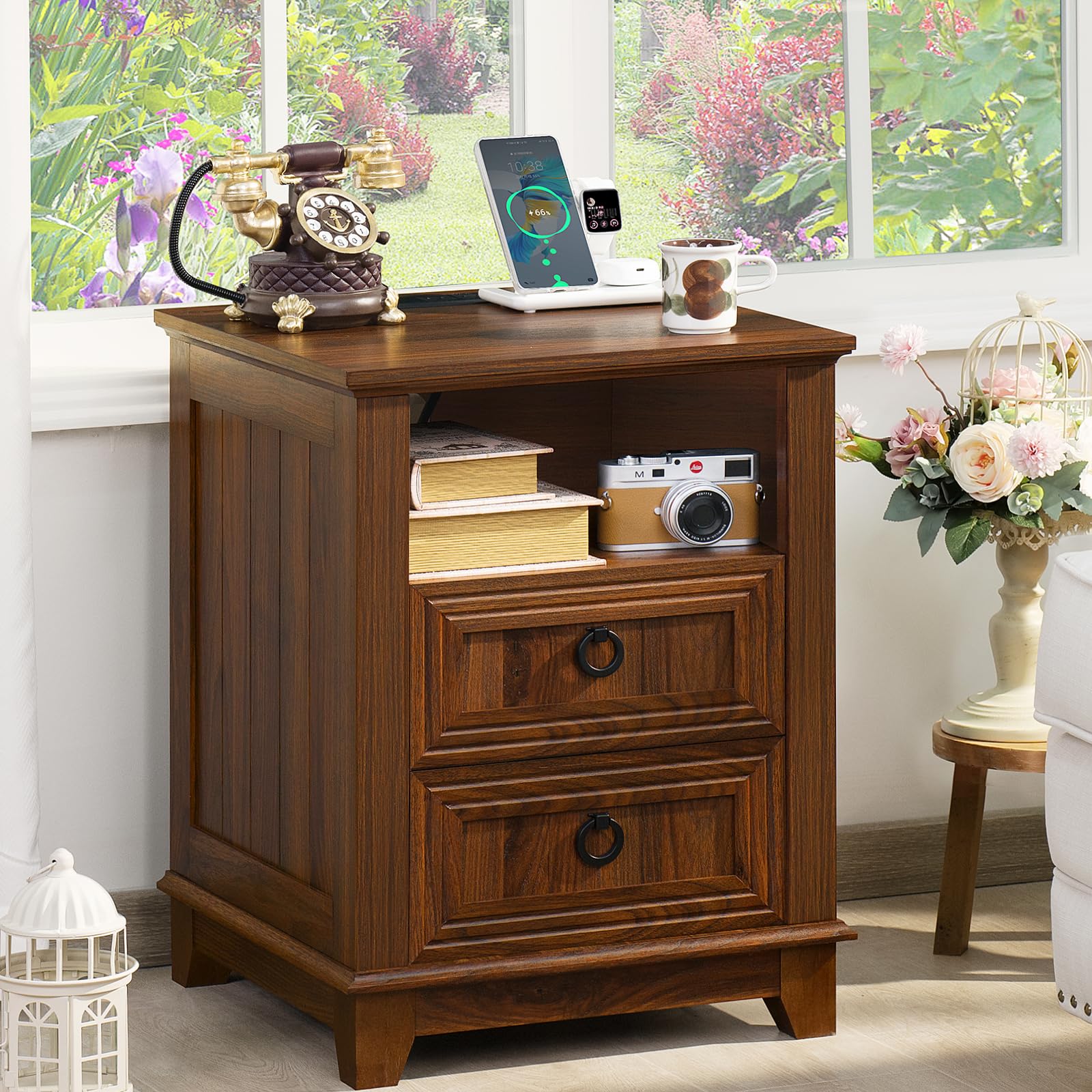 Rustic Farmhouse Coffee Table Set of 3 with USB Charging Station & Hidden Storage - Country Style Living Room Center Table & Nightstand 3-Piece Furniture Set for Home, Office - Perfect for Family Gatherings, Movie Nights & Remote Work